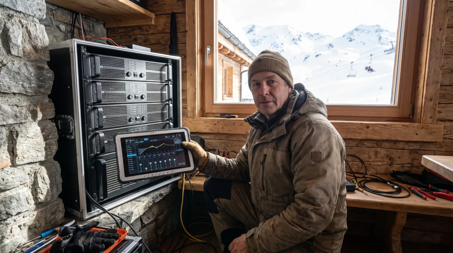 Techniker kontrolliert im Winter die Verstärker einer Skihütten-Beschallung mit einem Tablet, Bergpanorama im Fenster