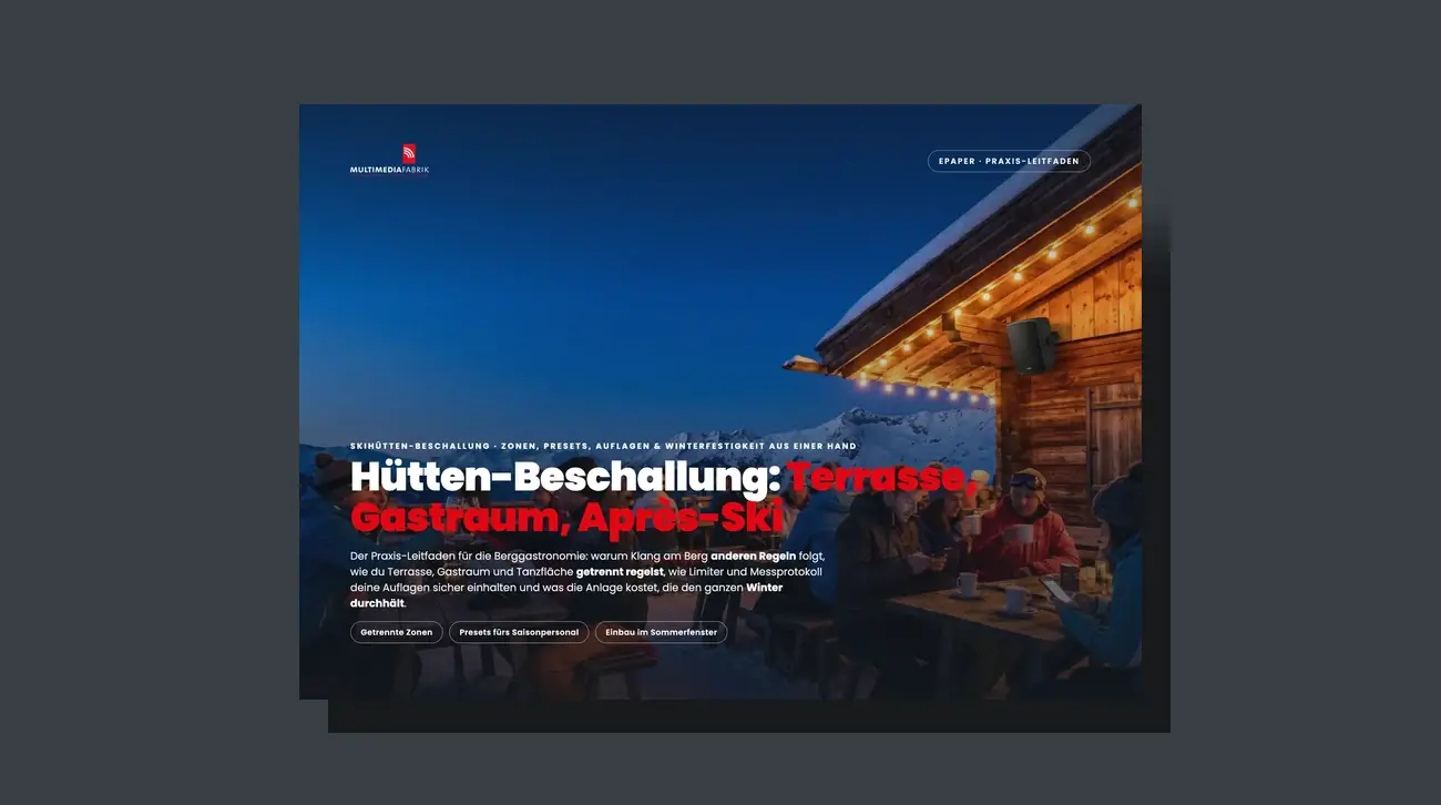 3D-Broschüren-Mockup des Leitfadens Beschallung für Skihütten und Bergrestaurants