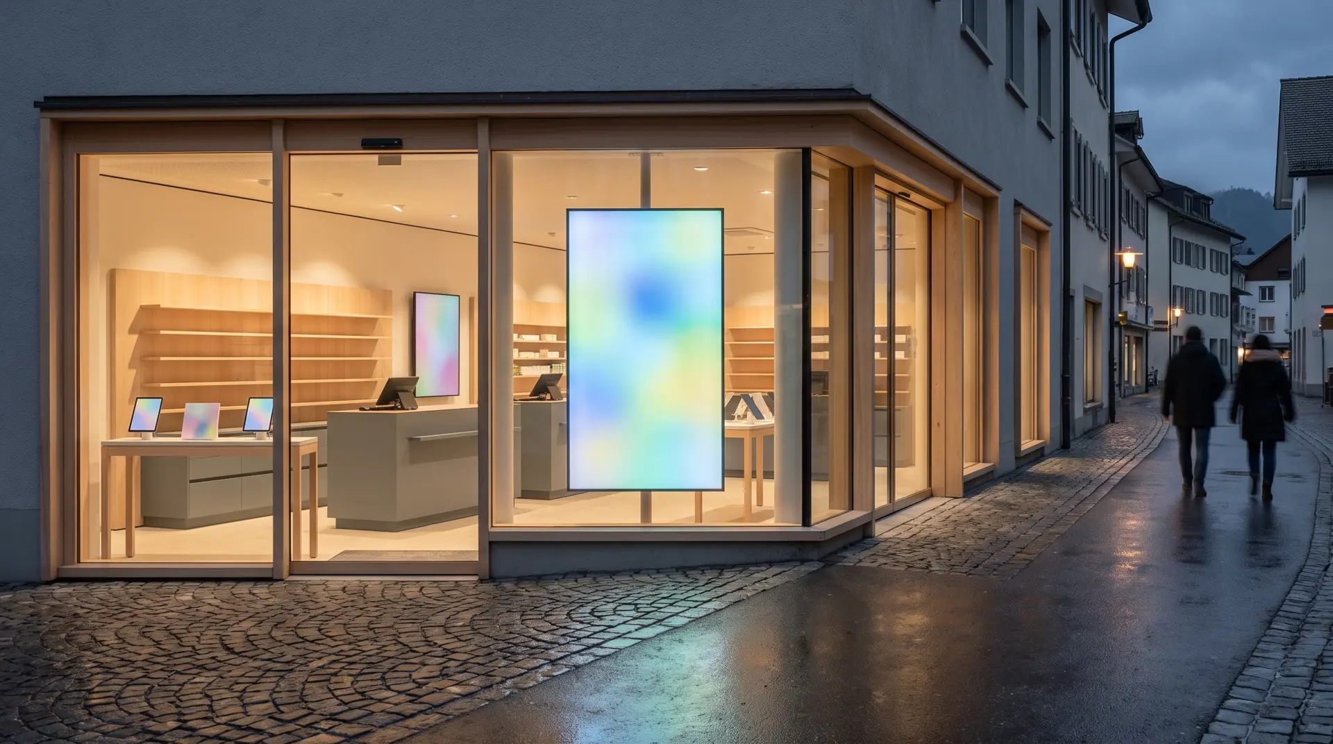 Apotheke in einer Ortsmitte zur blauen Stunde mit leuchtendem Hochformat-Display im Schaufenster