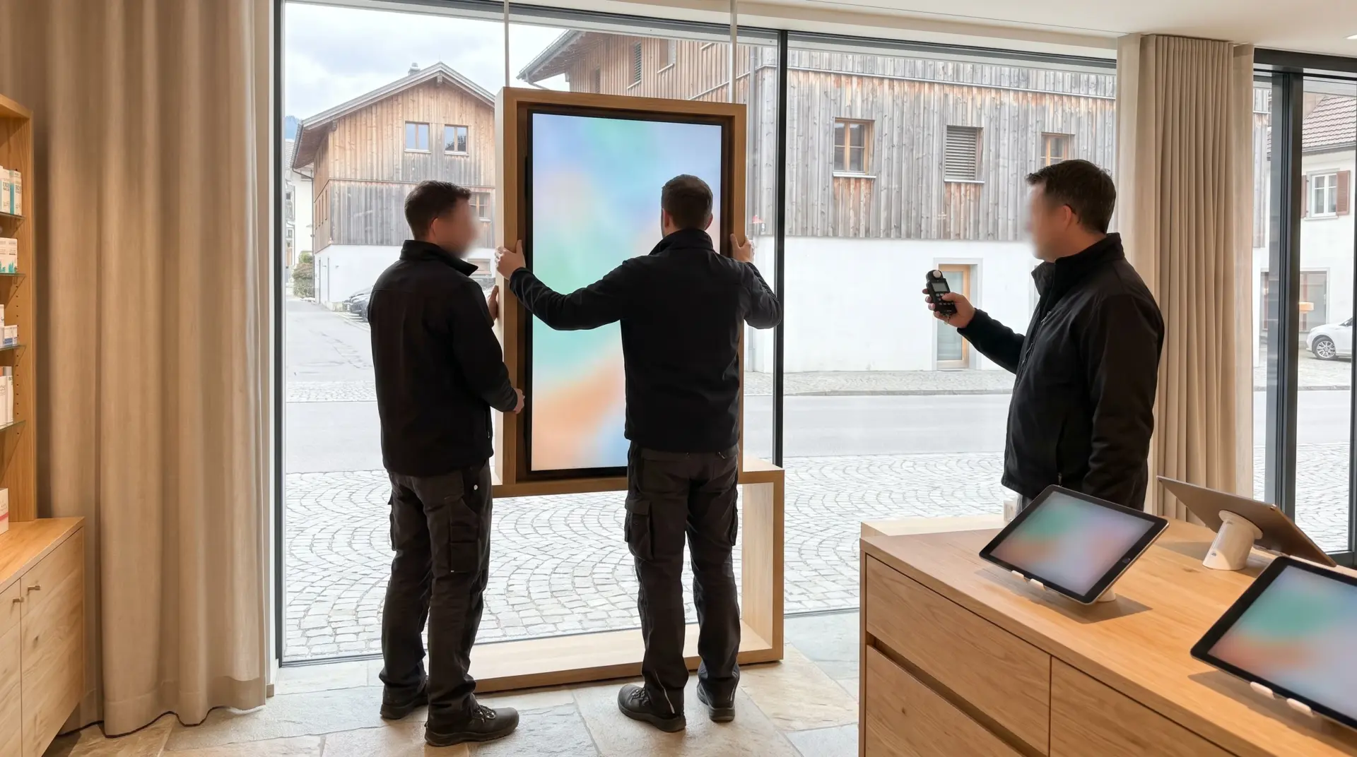 MULTIMEDIAFABRIK-Team montiert ein Hochformat-Display im Schaufenster einer Apotheke