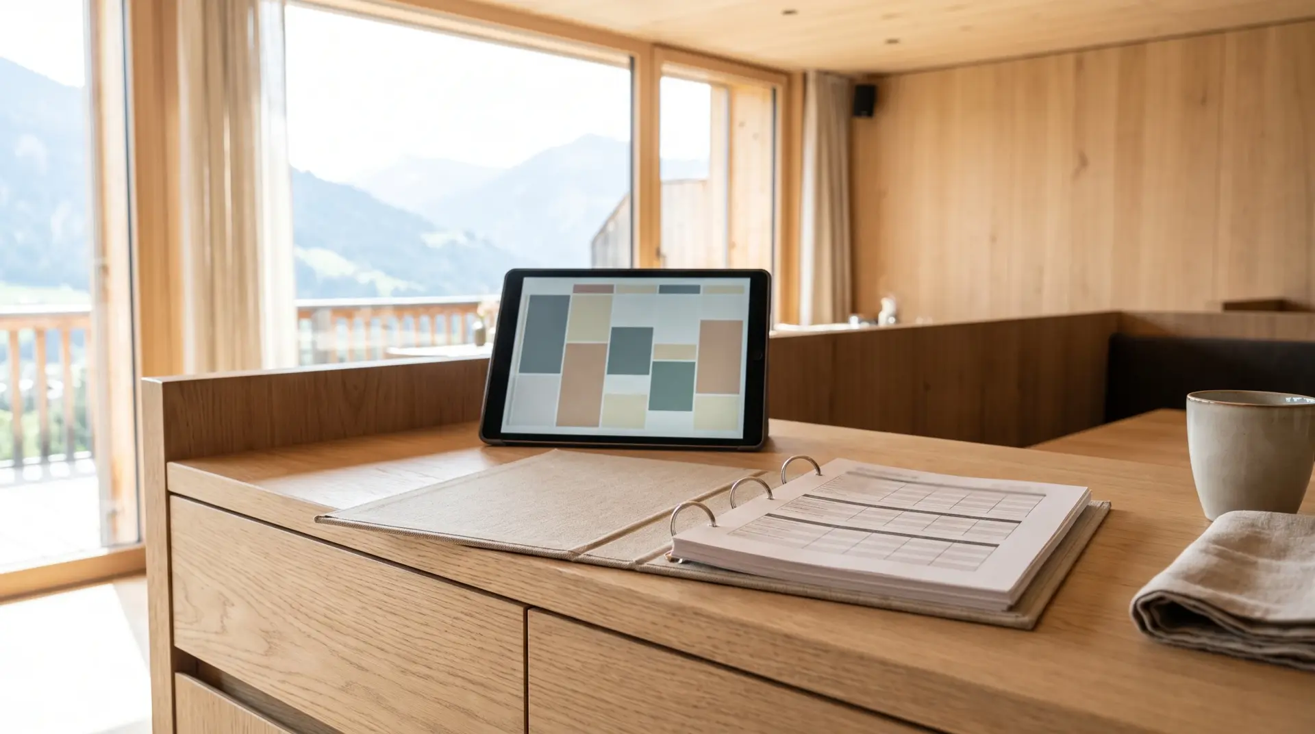 Tablet mit Flächenübersicht und aufgeschlagener Ordner mit Tabelle auf einem Holztresen