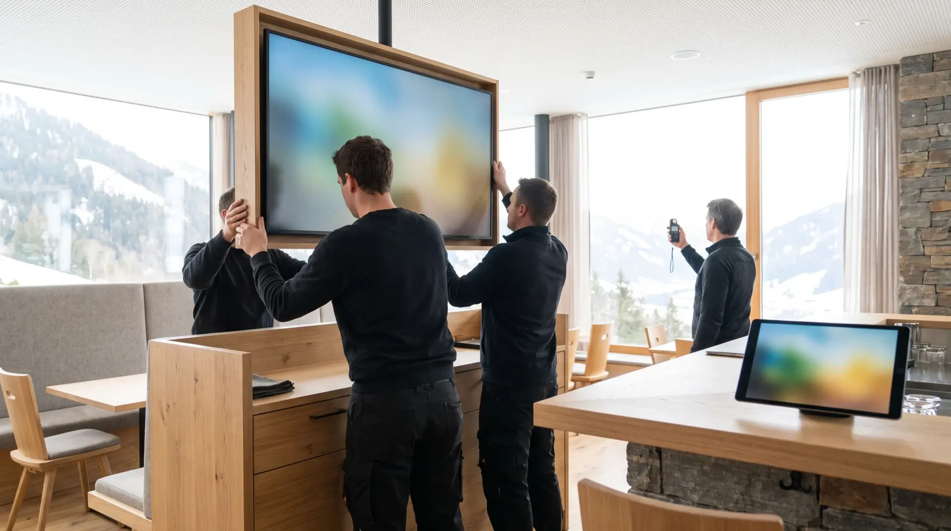 MULTIMEDIAFABRIK-Team montiert ein Display über einer Restaurant-Theke und misst das Fensterlicht