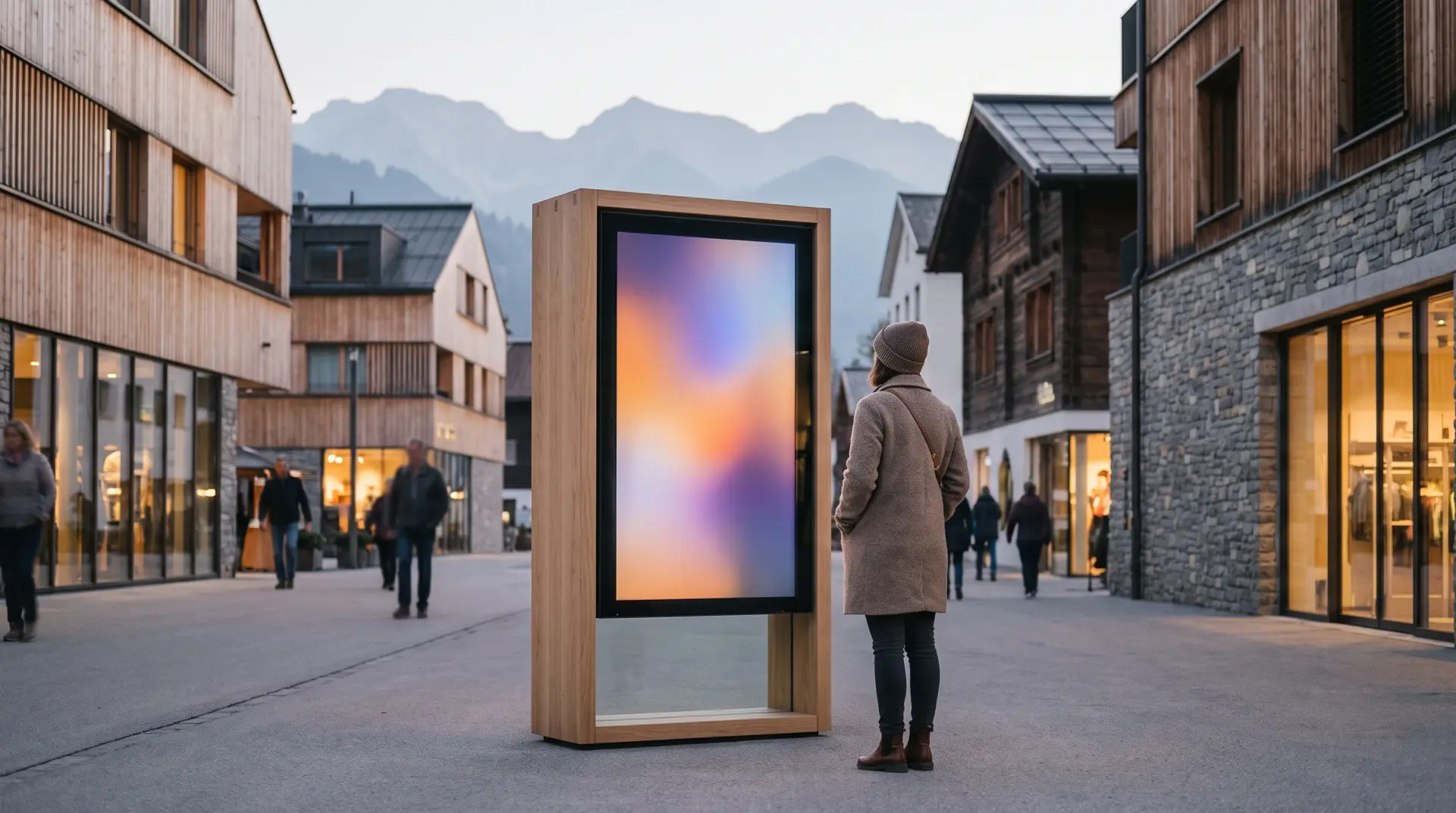 Doppelseitige Stele auf einem belebten Dorfplatz am Frühabend