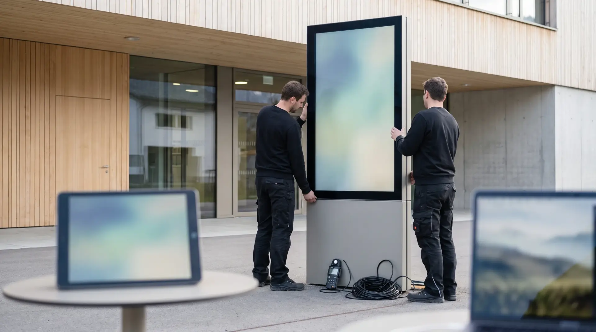 MULTIMEDIAFABRIK-Team richtet eine Outdoor-Stele vor dem Gemeindeamt aus
