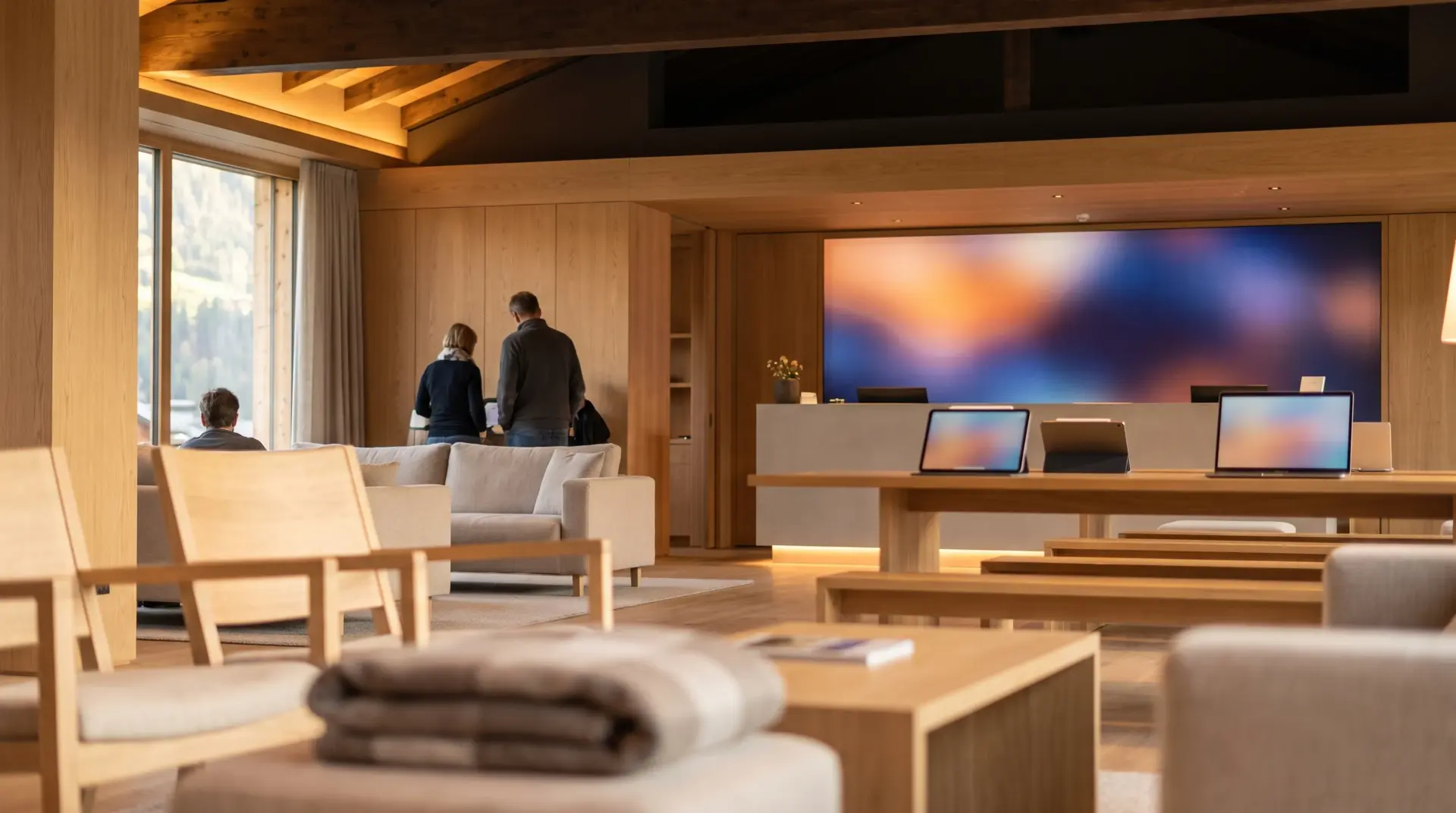 Lobby eines alpinen Hotels im Abendlicht mit leuchtendem Display an der Stirnwand