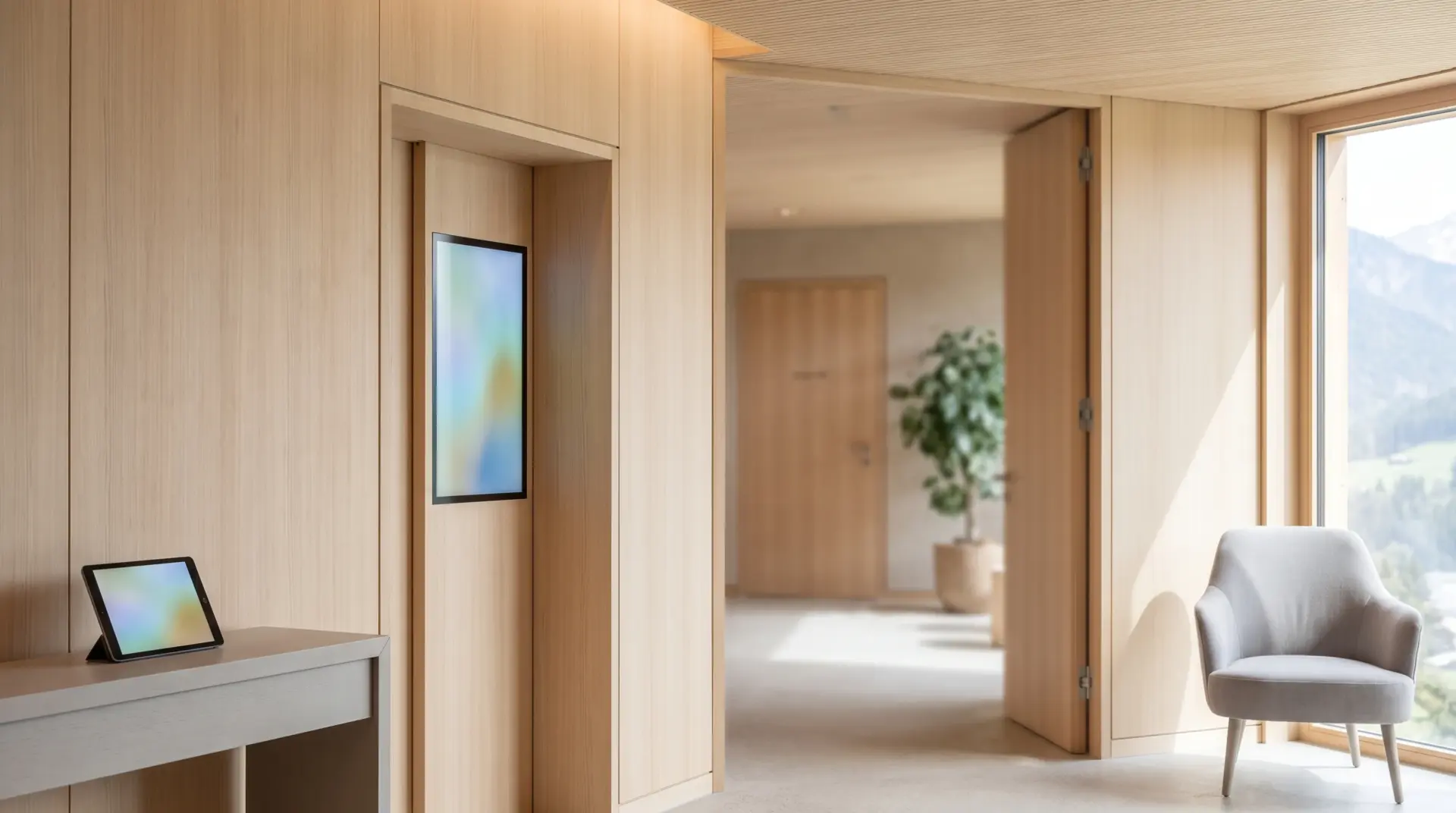 Schmales Hochformat-Display neben der Lifttür auf einer Hoteletage mit Blick zum Wellnessbereich