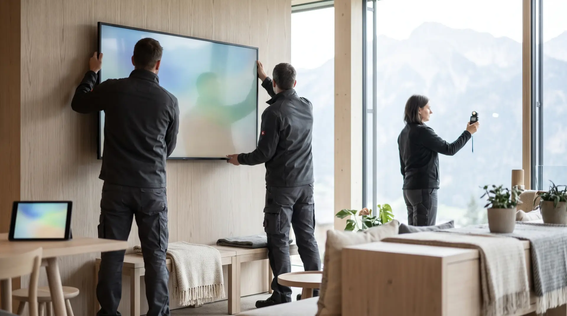 MULTIMEDIAFABRIK-Team montiert ein Display an einer Lobbywand und misst das Fensterlicht