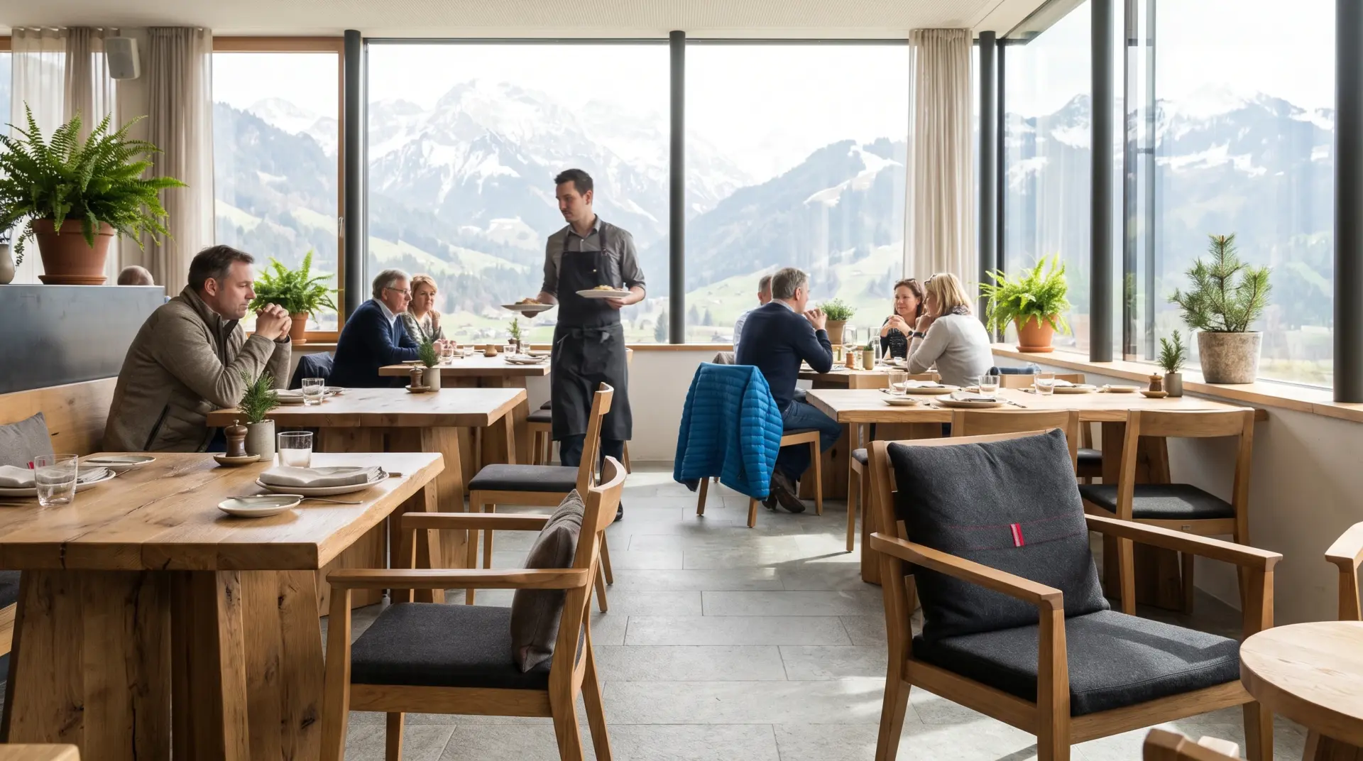 Heller Gastraum eines Restaurants im Alpenraum mit Panoramafenstern, gedeckten Holztischen und Gästen beim Mittagstisch