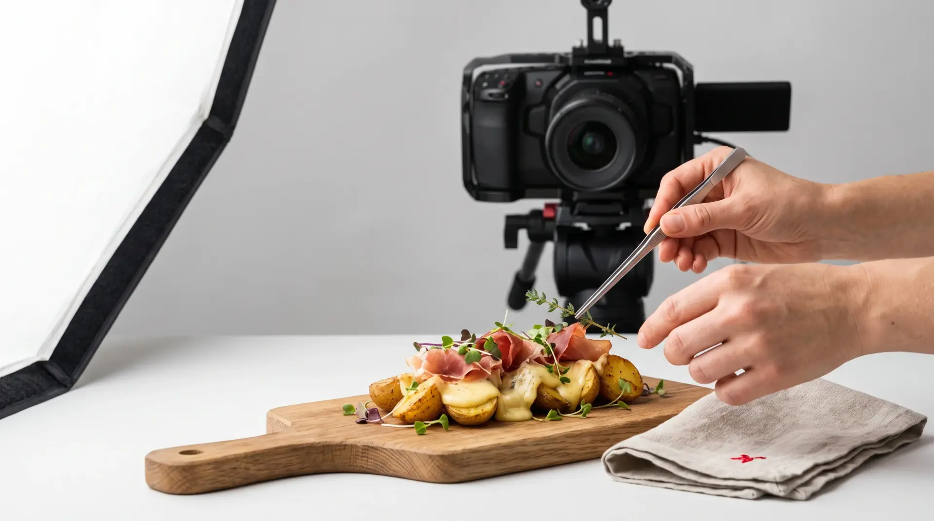 Food-Fotografie im Studio: ein Gericht auf einem Holzbrett wird vor Kamera und Softbox mit der Pinzette angerichtet