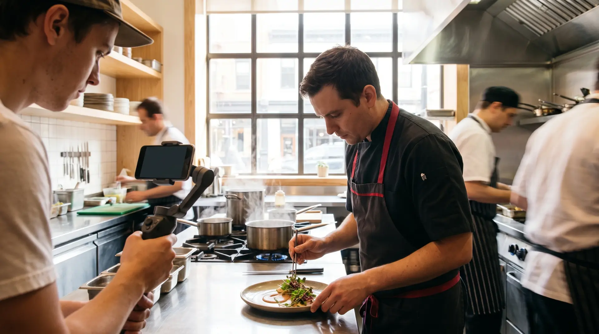 Content-Produktion in einer offenen Restaurantküche: eine Aufnahme entsteht, während der Küchenchef ein Gericht anrichtet