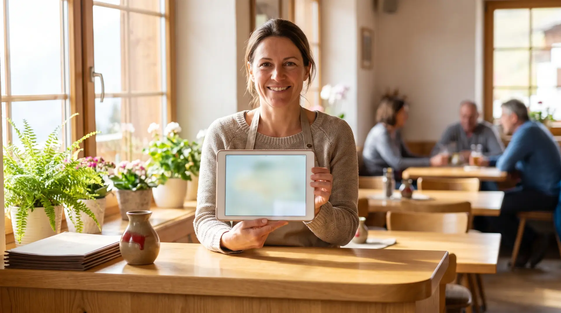 Gastgeberin am hellen Empfangstresen eines Cafés mit einem Tablet in der Hand, im Hintergrund Gäste an den Tischen