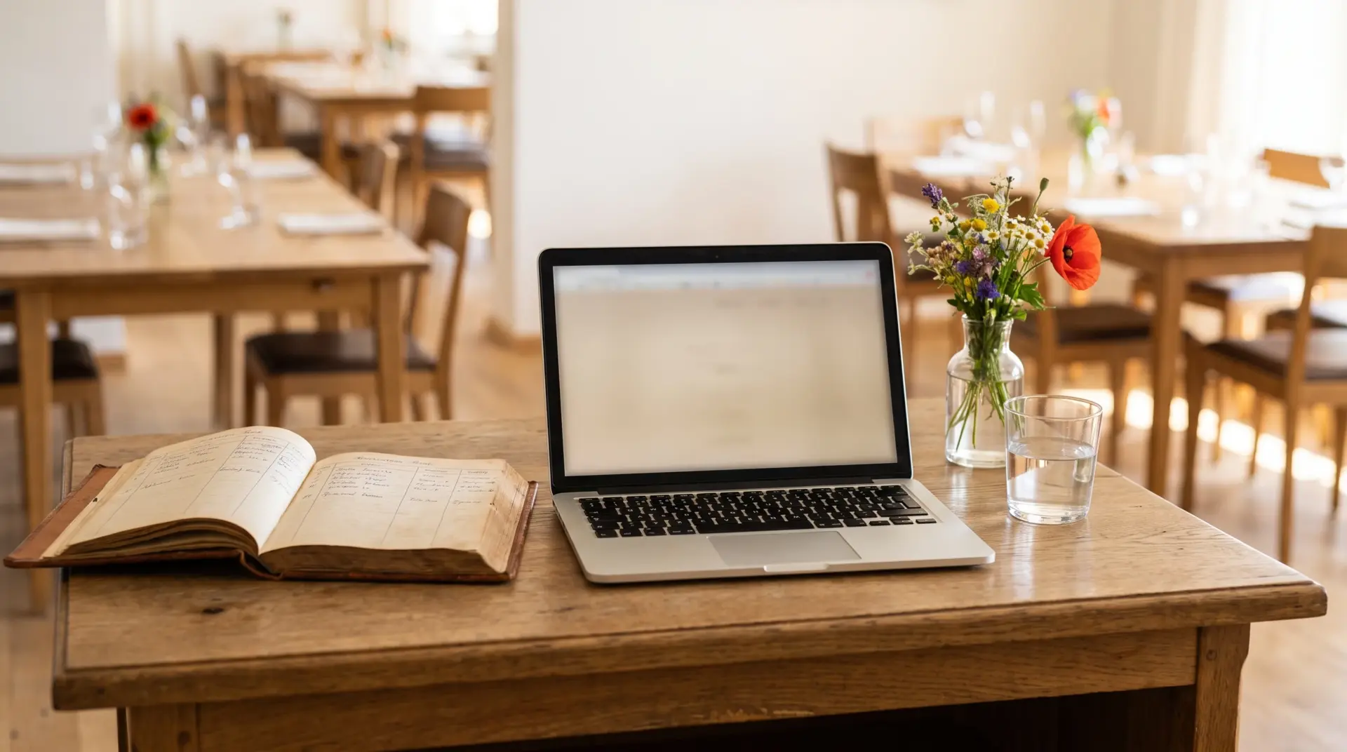 Reservierungsbuch und aufgeklappter Laptop auf einem Eichentisch im hellen Gastraum eines Restaurants