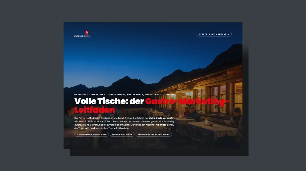 3D-Broschüren-Mockup des Leitfadens Volle Tische: der Gastro-Marketing-Leitfaden