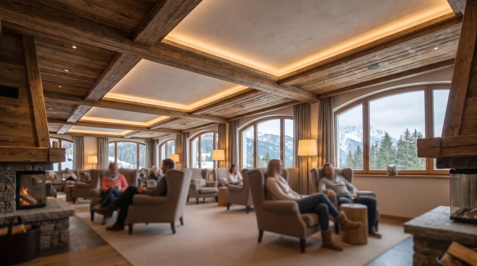 Stilvolle Hotellobby im Alpenraum mit unsichtbar eingebauter, gleichmaessiger Beschallung