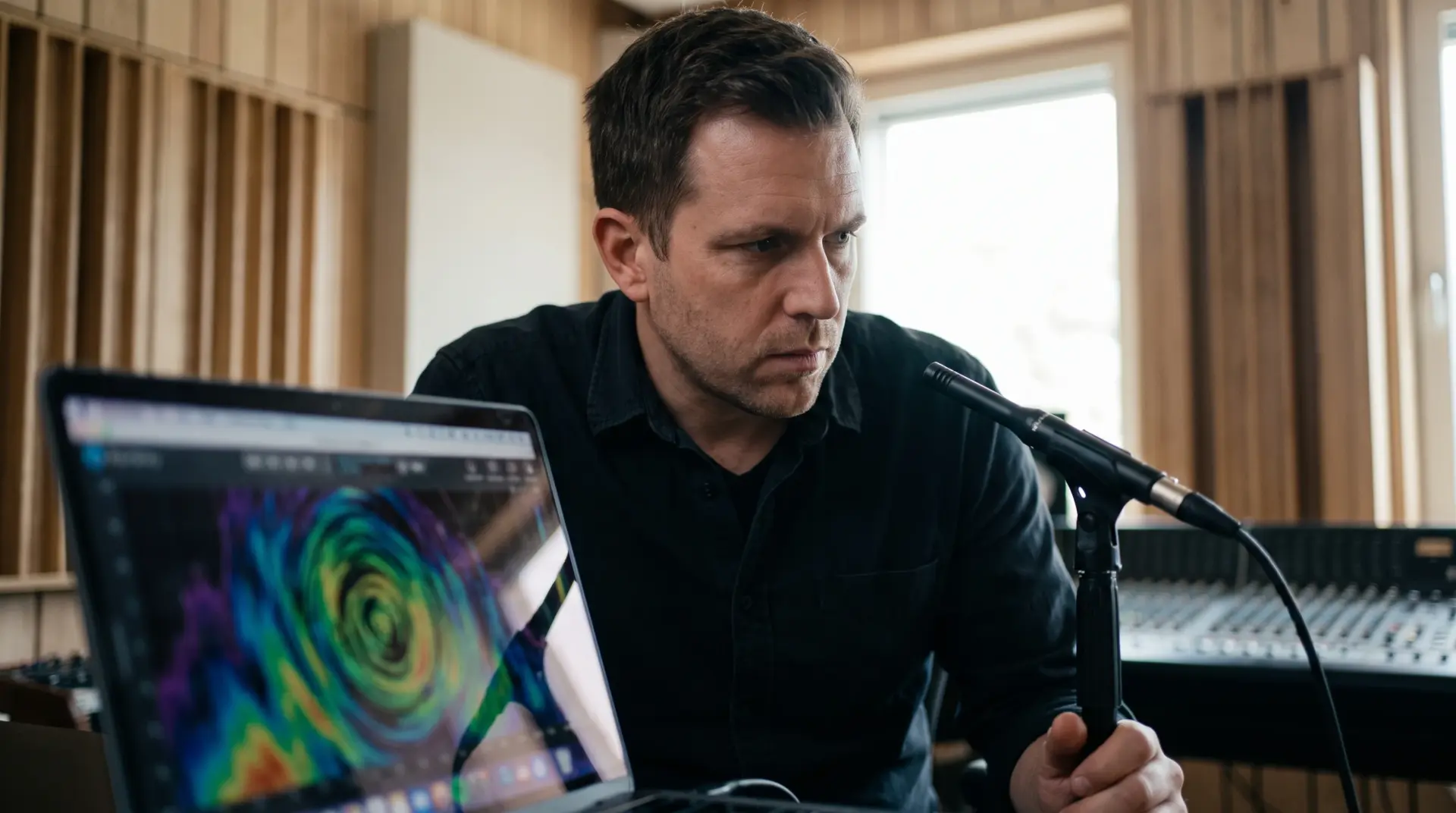 Audiotechniker misst mit Messmikrofon den Nachhall in einem Raum für die DSP-Einmessung