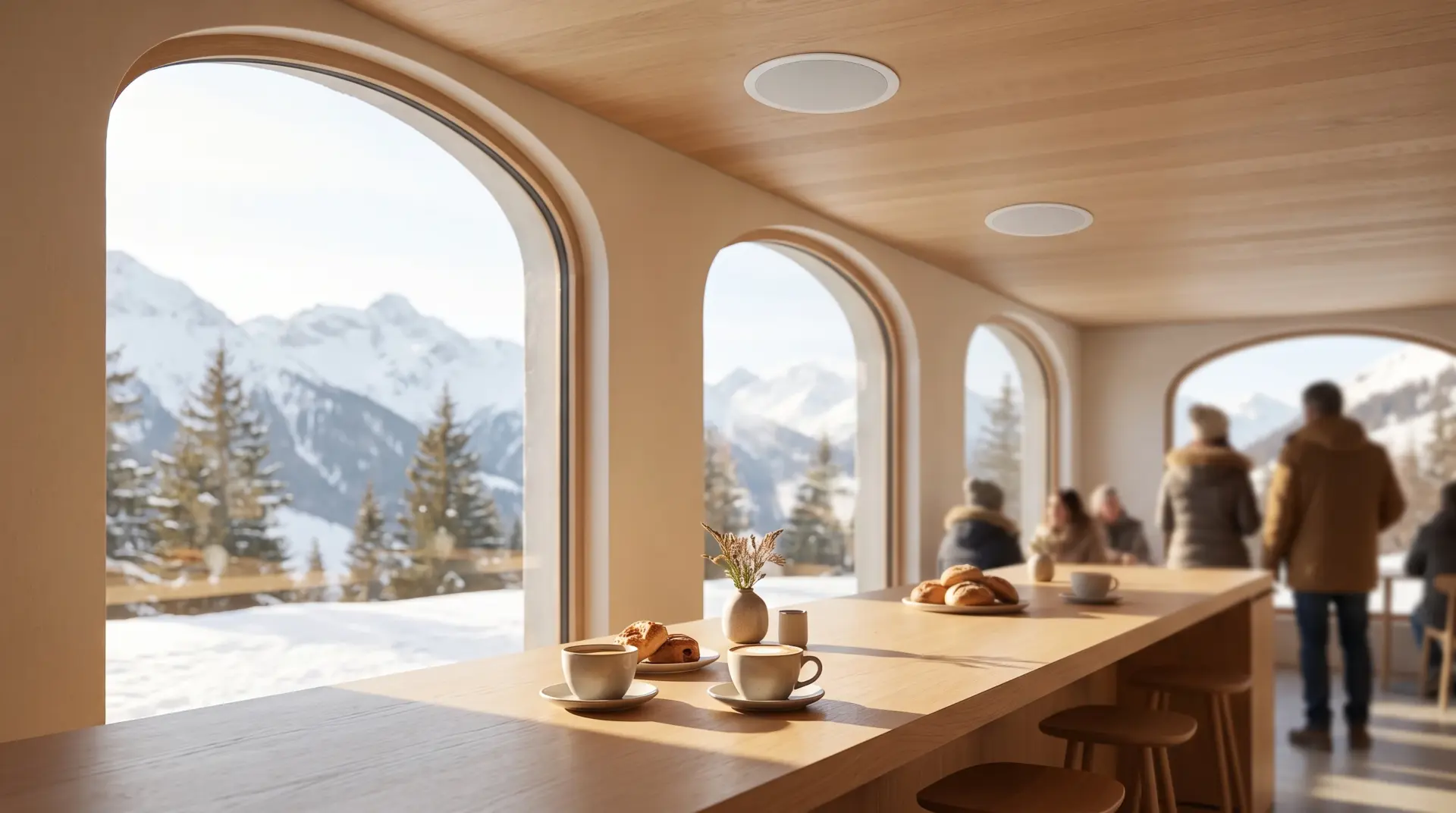 Helles Bäckerei-Café am Vormittag mit Deckenlautsprecher und Kaffee an der Holztheke