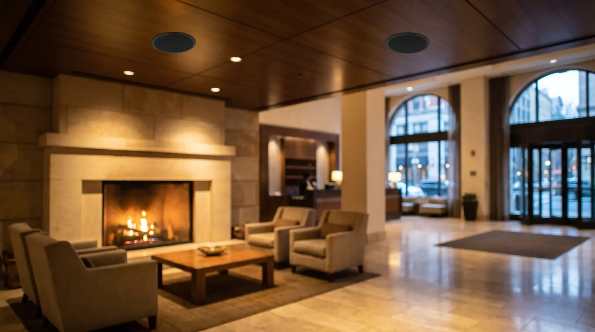 Elegante Hotel-Lobby mit Kamin-Sitzecke und unauffälligem Deckenlautsprecher