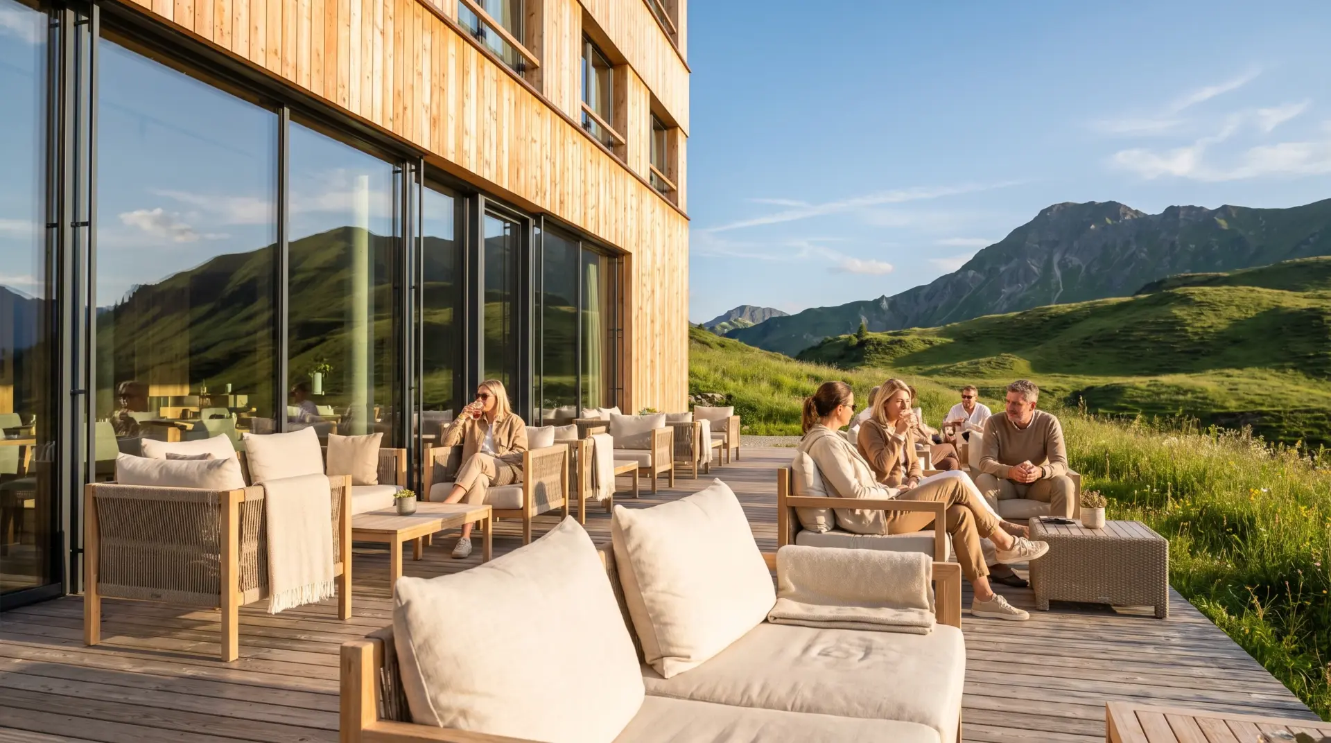 Gäste auf der Sonnenterrasse eines modernen Hotels im Alpenraum, im Hintergrund grüne Bergrücken; Bildwelt aus der Hotel-Marketing-Produktion der MULTIMEDIAFABRIK.