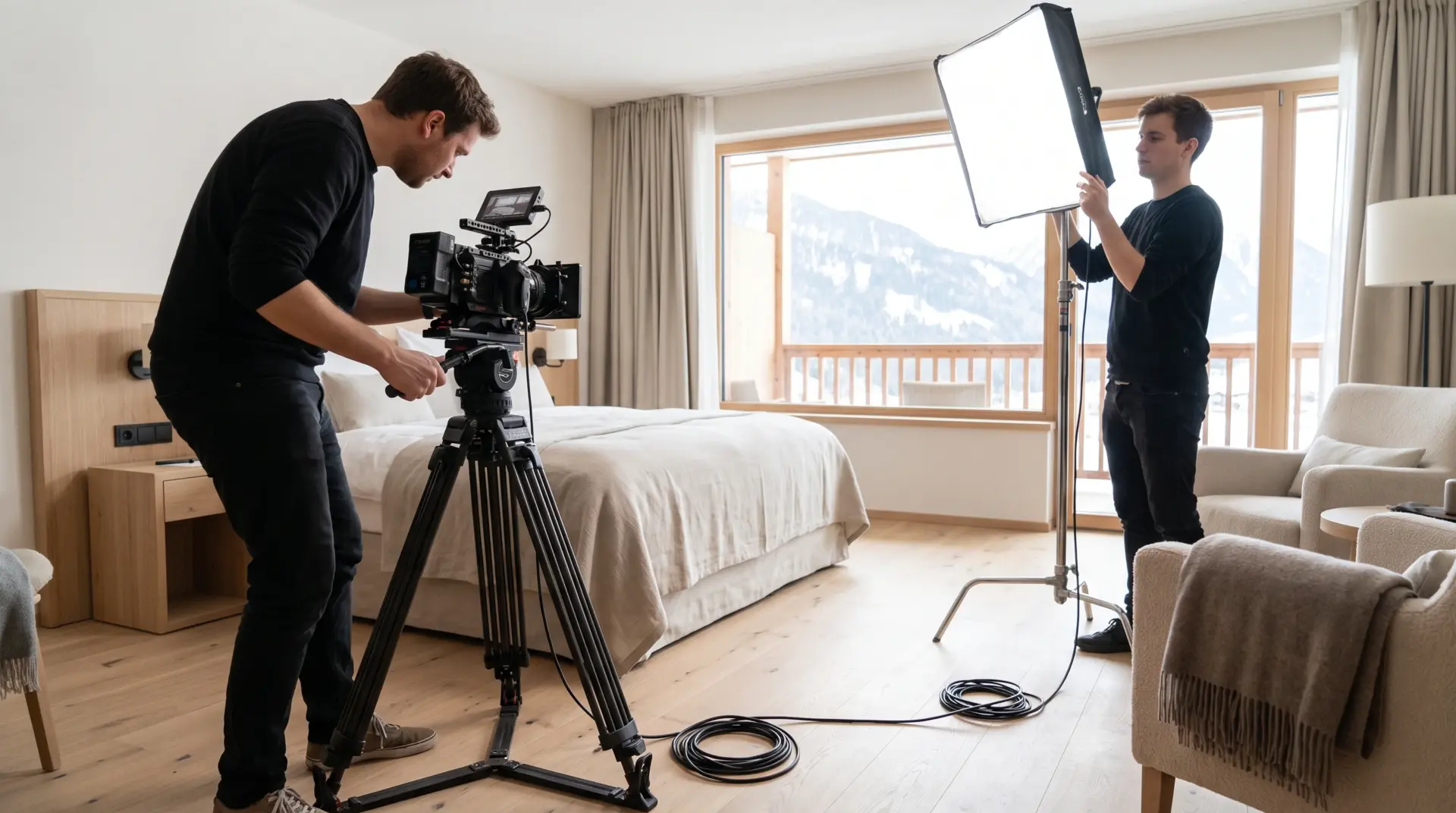 Kamerateam der MULTIMEDIAFABRIK bei der Foto- und Videoproduktion in einer hellen Hotelsuite mit Bergblick, Kinokamera auf Stativ und LED-Flächenleuchte.