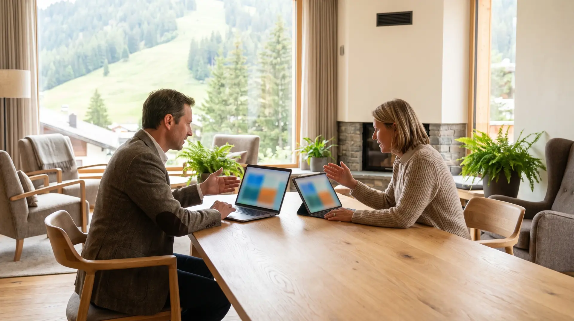 Gastgeber und Marketing-Verantwortliche besprechen an einem Holztisch in der Hotellobby die neue Website mit Direktbuchungs-Strecke, Laptop und Tablet auf dem Tisch.