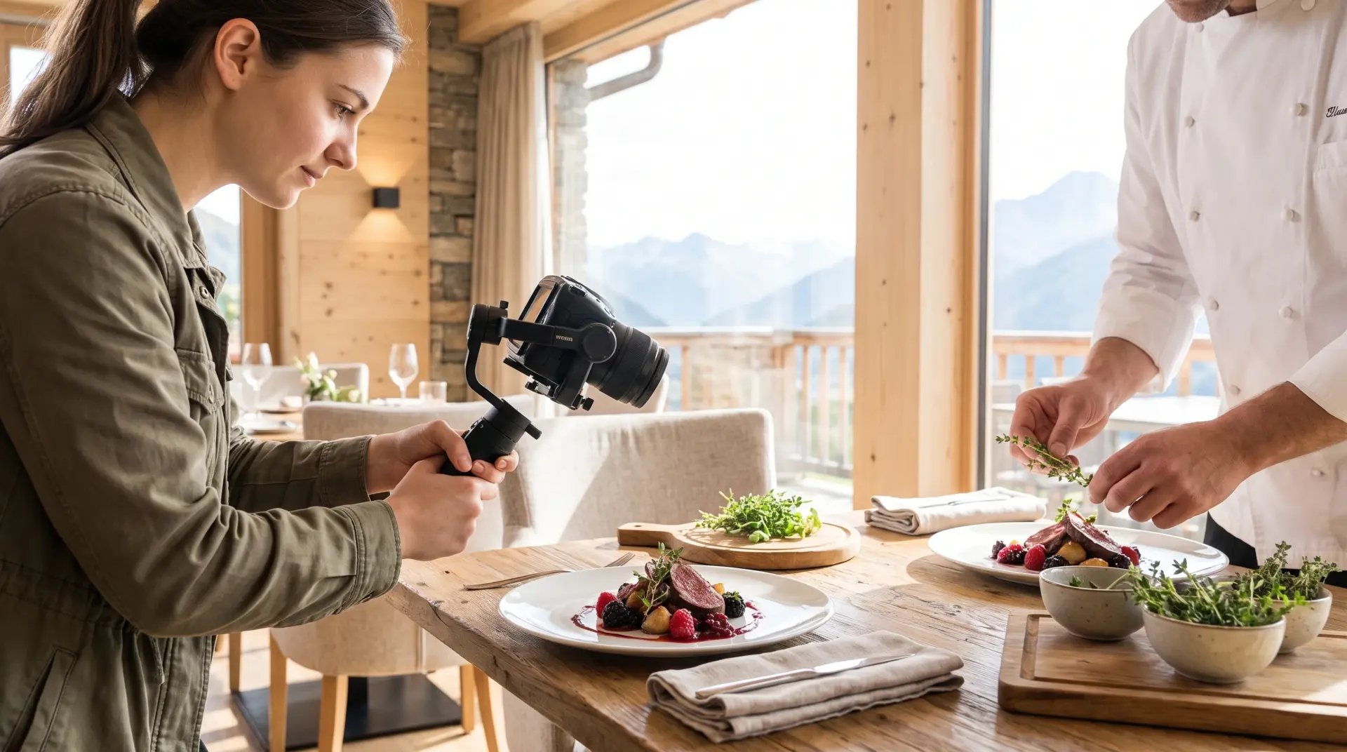 Videoproduktion eines regionalen Gerichts im Hotelrestaurant, Kamera auf Gimbal, Küchenteam beim Anrichten; Content für Social Media und Speisekarte.