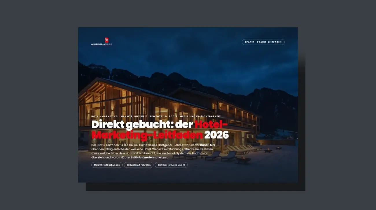 3D-Broschüren-Mockup des Leitfadens Direkt gebucht: der Hotel-Marketing-Leitfaden 2026