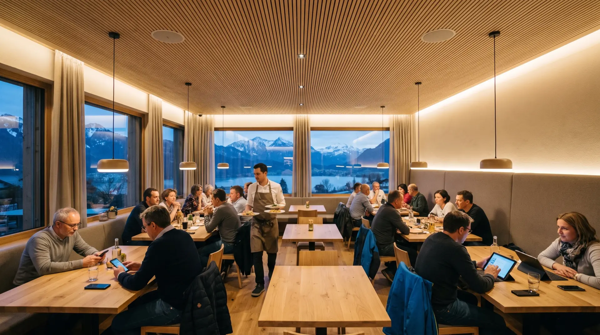 Moderner Gastraum eines Alpenrestaurants am Abend mit Holz-Akustikdecke, dezenten Deckenlautsprechern und warmem Licht
