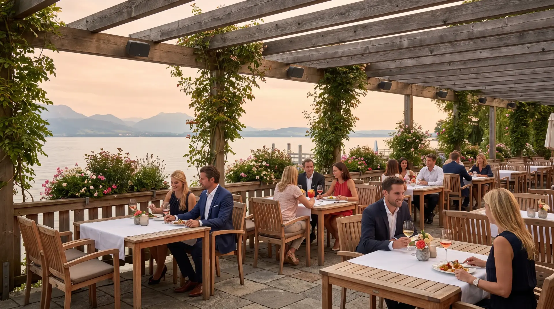 Restaurantterrasse mit Pergola und kleinen wetterfesten Lautsprechern an den Balken, Gäste an Tischen im Abendlicht