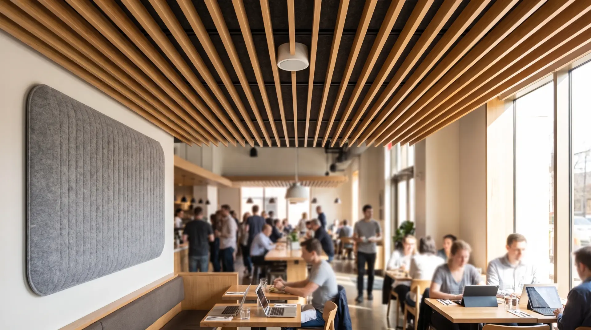 Detail einer Holzlattung mit Akustikvlies an der Decke und einem Filz-Wandabsorber in einem Restaurant