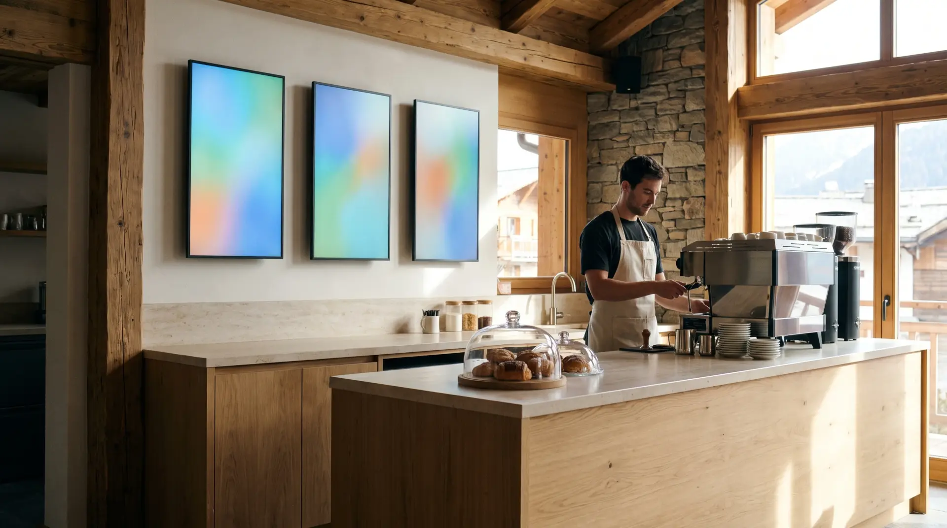 Cafétheke mit drei schlanken Display-Flächen an der Wand, Barista an der Siebträgermaschine
