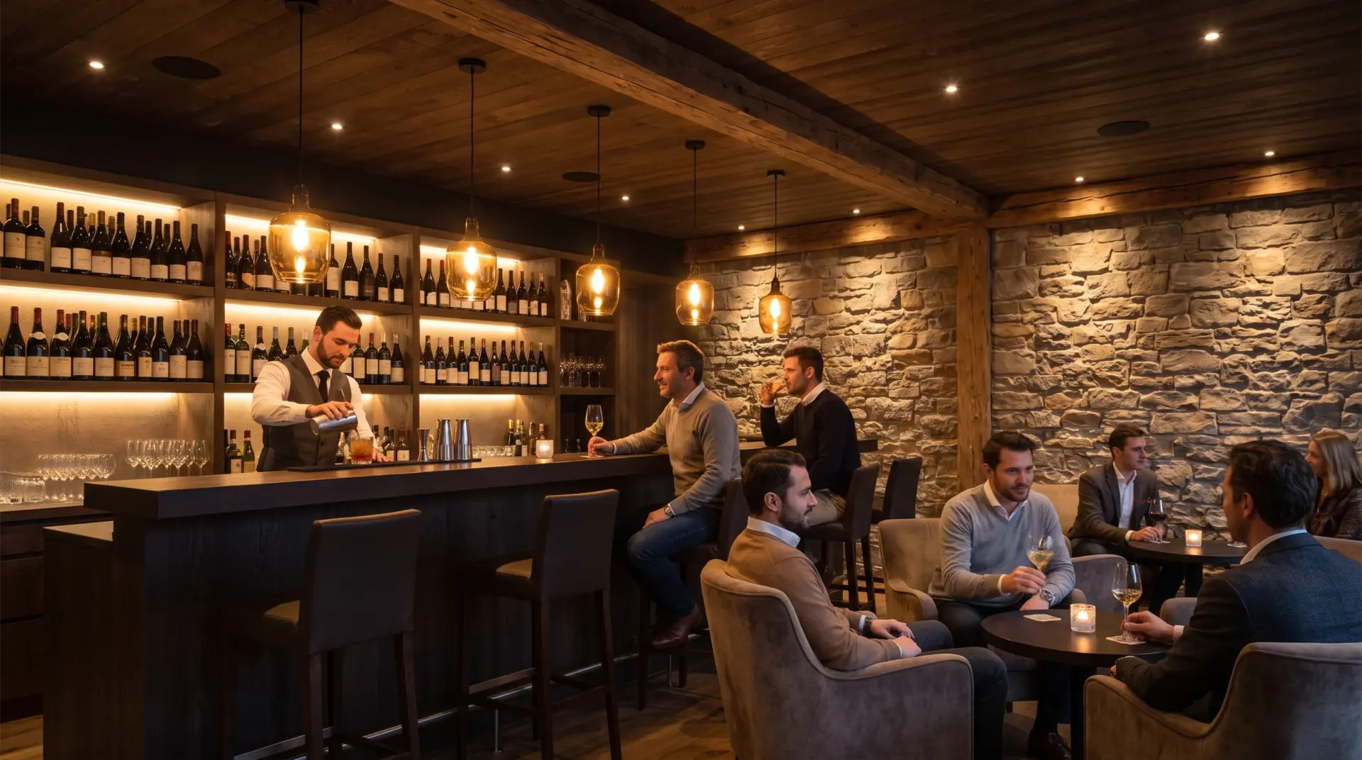 Elegante Weinbar am Abend mit warmem Pendellicht über der Theke, indirektem Licht hinter den Regalen und Akzentspots