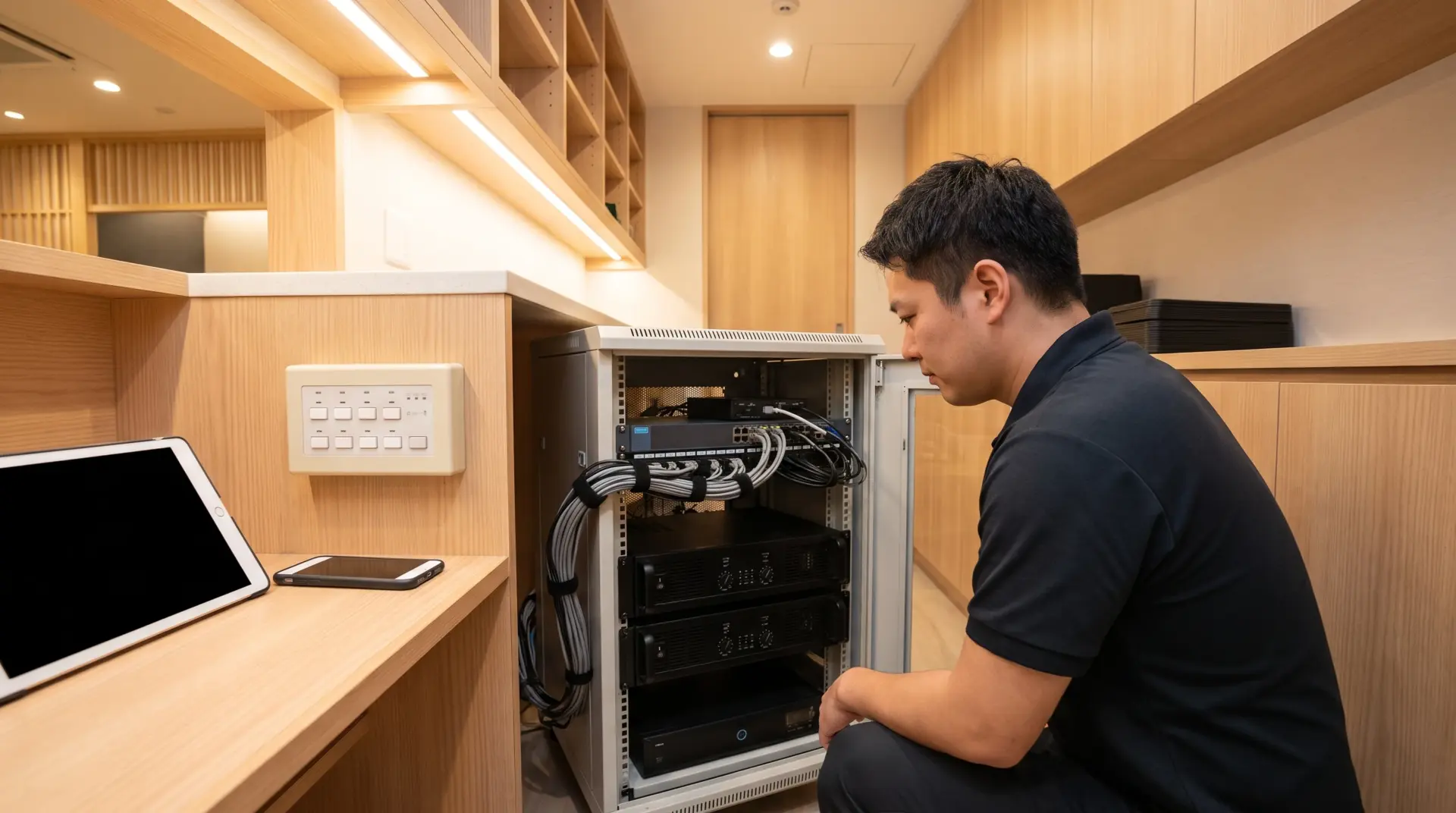 Medientechniker arbeitet an einem kompakten Technikrack im Backoffice eines Restaurants, daneben ein Bedienpanel