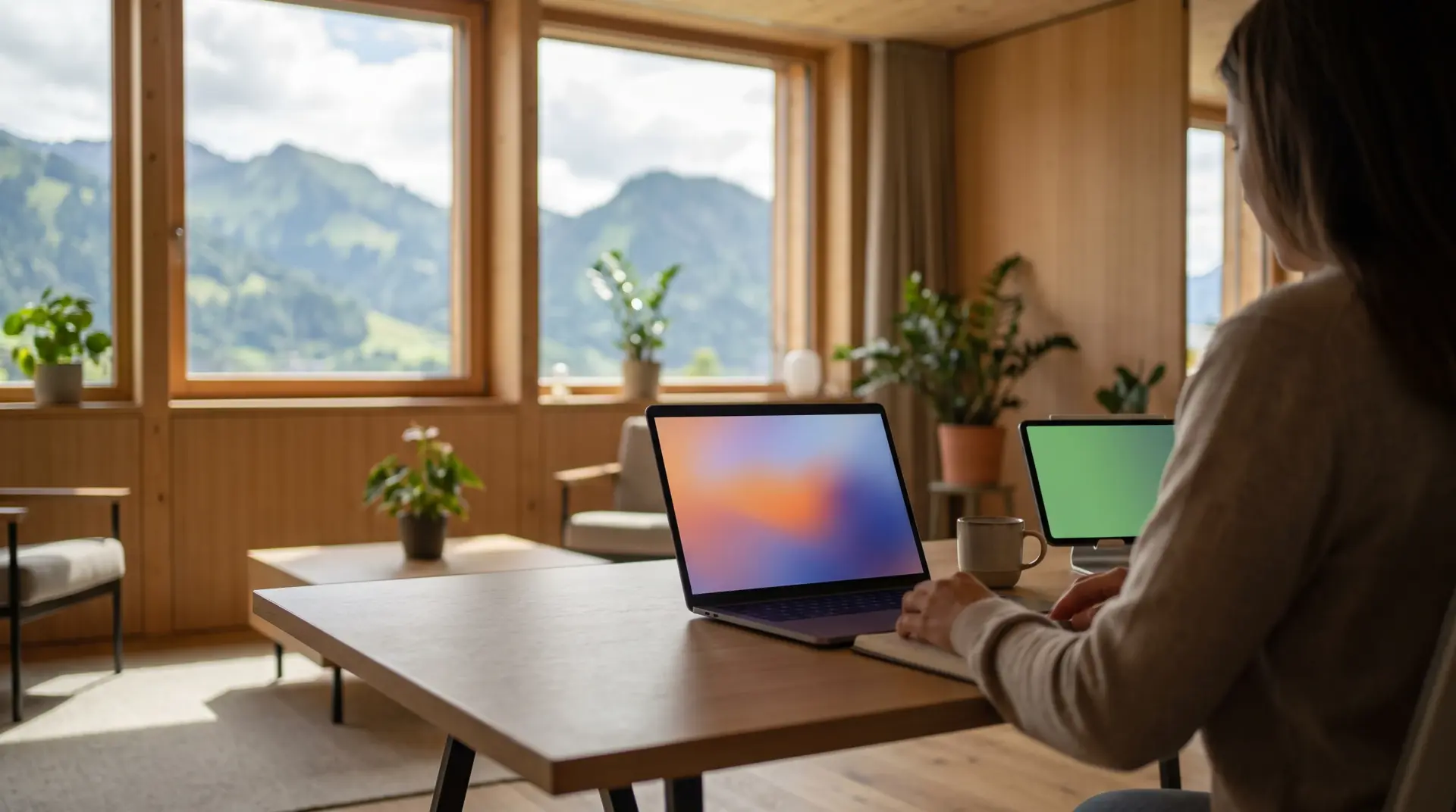 Arbeitsplatz mit Laptop und Bergblick, Sinnbild für den betreuten Newsletter der MULTIMEDIAFABRIK