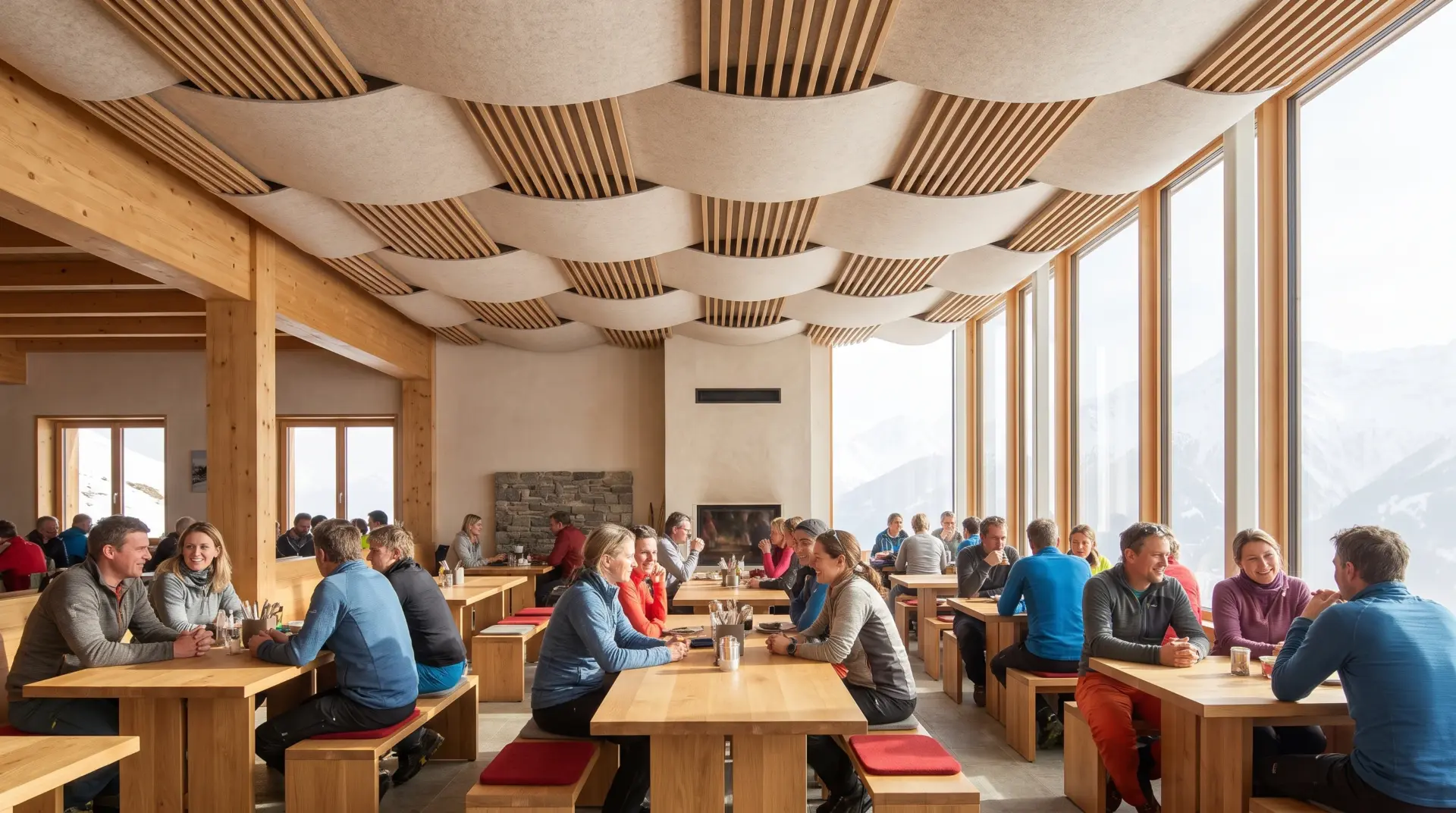 Gäste unterhalten sich entspannt in einem hellen alpinen Restaurant mit Akustikdecke aus Filzelementen und Holzlamellen