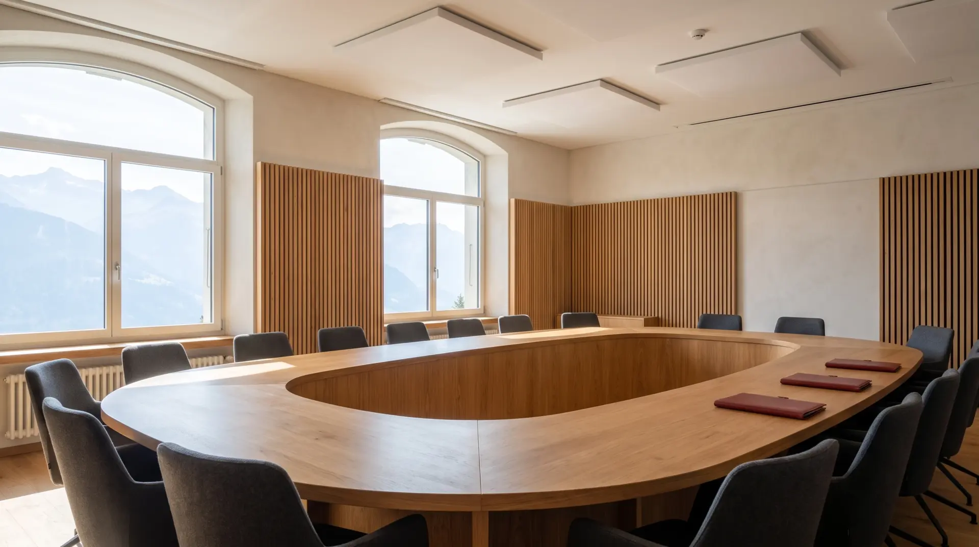 Gemeindesitzungssaal mit geschwungenem Holztisch und vertikaler Holzlamellen-Akustikwand im Tageslicht