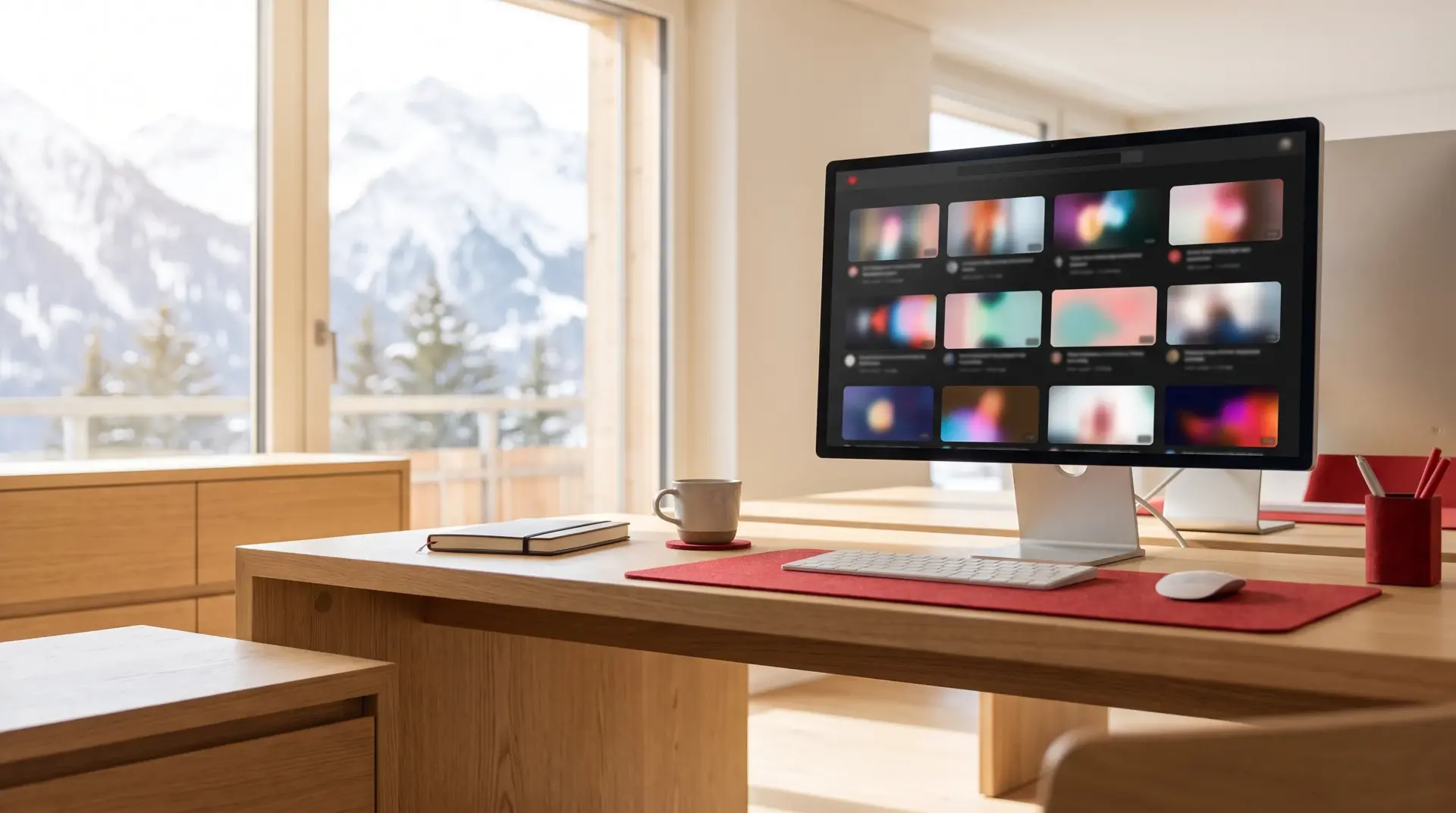 Heller Arbeitsplatz mit grossem Monitor, auf dem eine aufgeraeumte Video-Mediathek zu sehen ist, im Hintergrund Bergblick