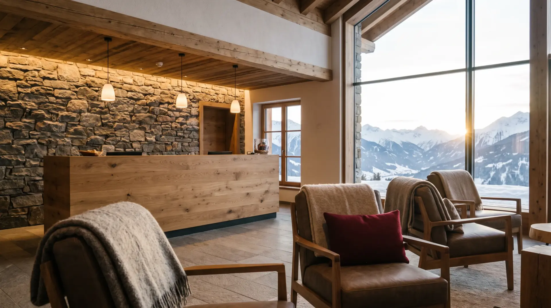 Elegante Hotellobby im Alpenraum mit Empfangsbereich, Panoramafenster und Blick auf verschneite Berge