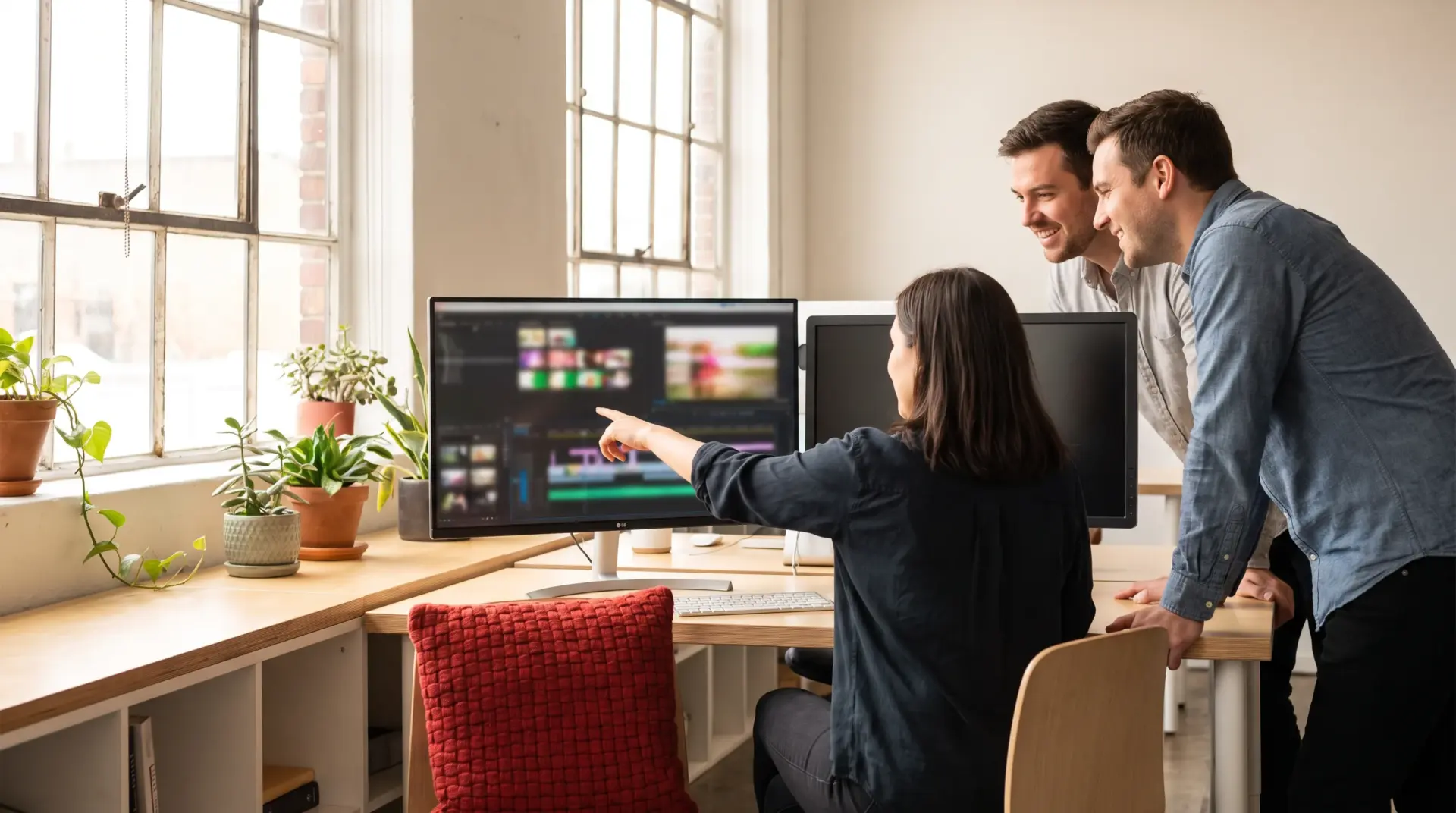 Dreikoepfiges Kreativteam bespricht Videomaterial an zwei Monitoren in einem hellen Studio