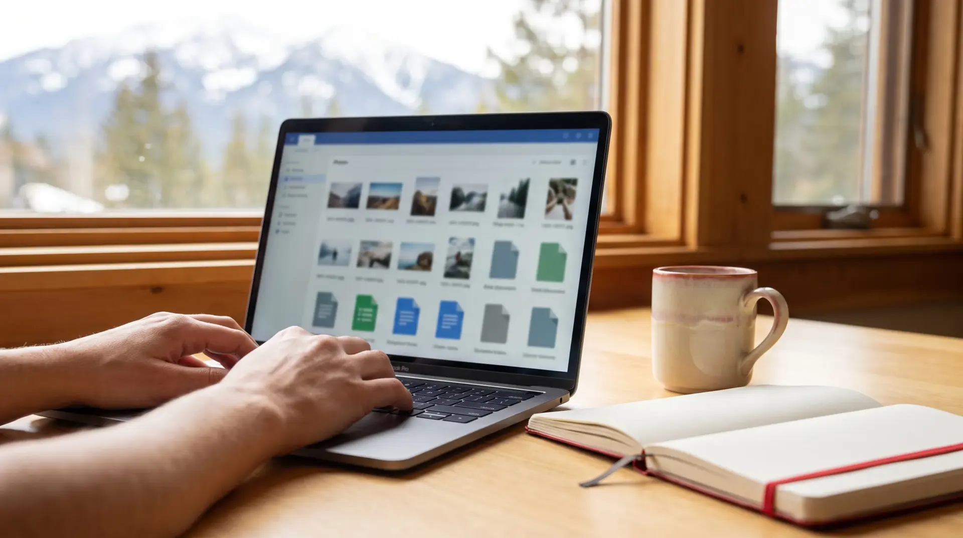 Nahaufnahme von Haenden an einem Laptop mit einer uebersichtlichen Medienbibliothek aus Videos, Fotos und Dokumenten