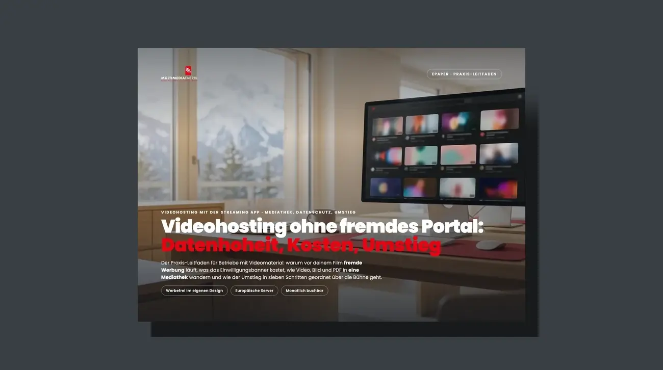 3D-Broschüren-Mockup des Leitfadens Videohosting ohne fremdes Portal: Datenhoheit, Kosten, Umstieg