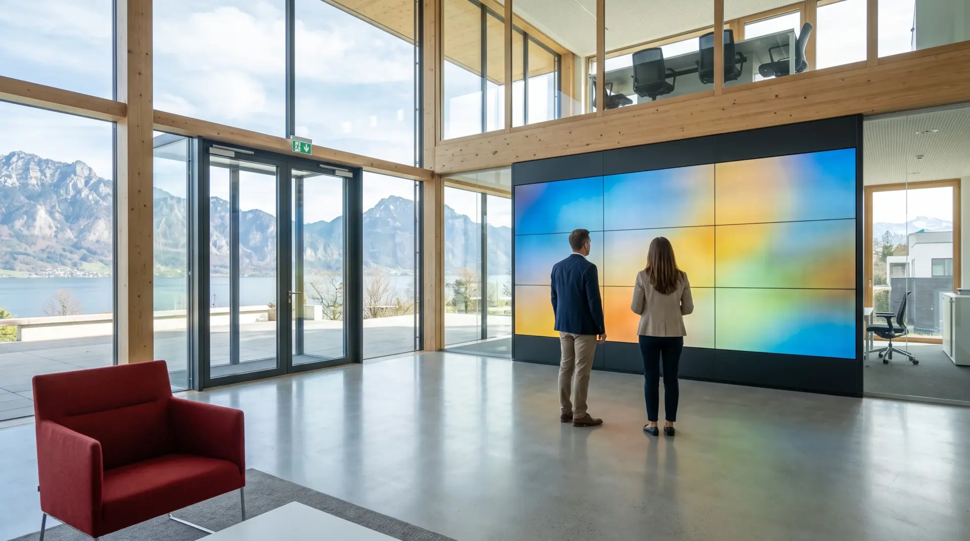 Anzeigetechnik der MULTIMEDIAFABRIK: Zwei Personen betrachten eine große LED-Videowand mit abstrakten Farbverläufen in einer modernen Bürolobby mit Bergsee-Blick.