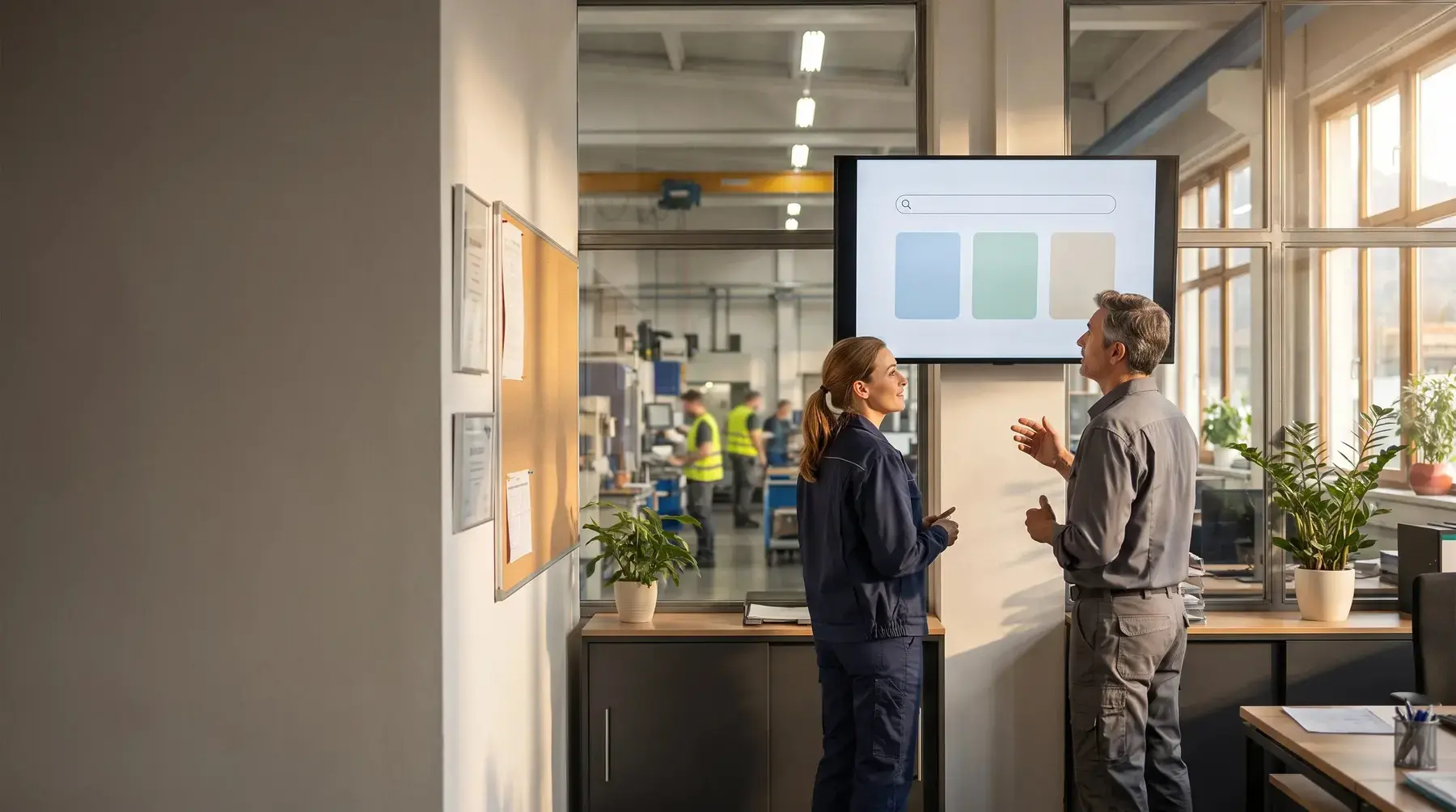 Zwei Mitarbeitende vor einem Bildschirm mit Quellen-Antwort der Corporate KI APP, Büro und Fertigung im Alpenraum