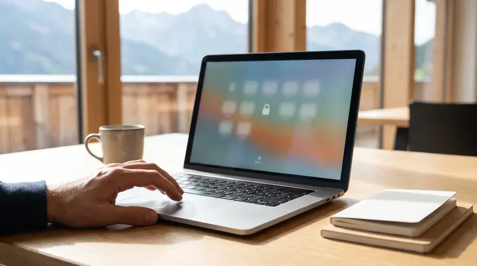 Hand an einem aufgeklappten Laptop auf einem Holztisch, auf dem Bildschirm ein Schloss-Symbol, durch die Fensterfront dahinter die Berge.