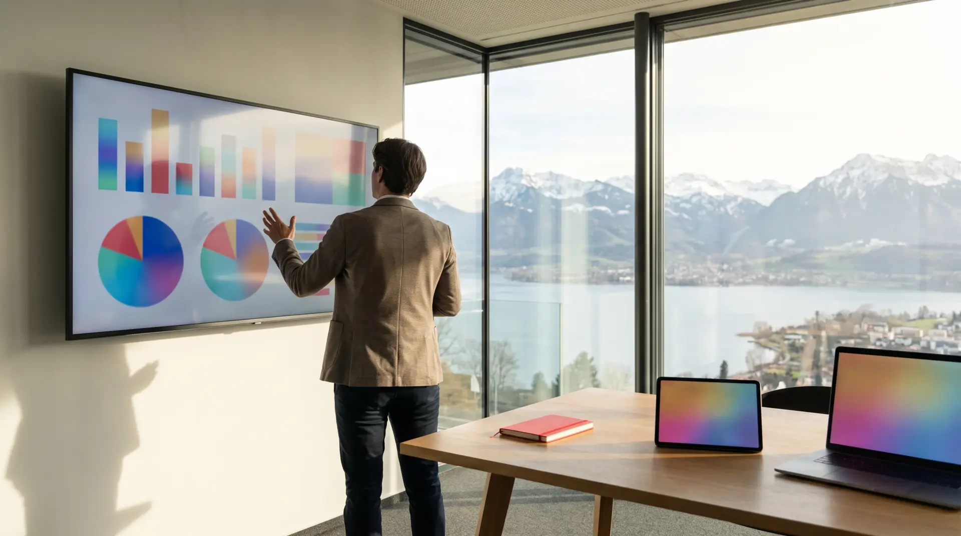 Marketing-Consultant wertet bunte Balken- und Kreisdiagramme zur Content GAP Analyse in einem Büro mit Alpenblick aus