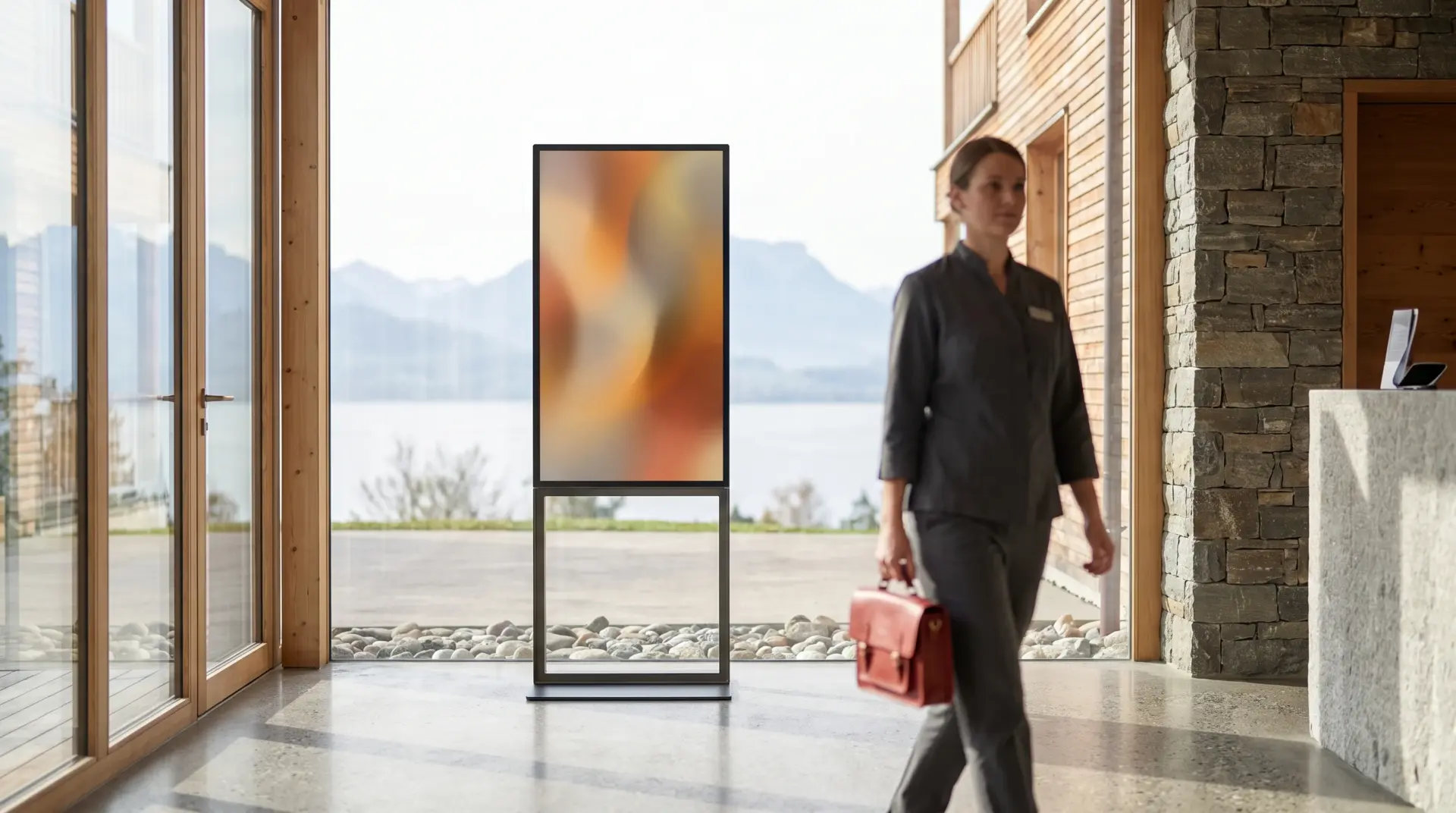 Freistehende Digital-Signage-Stele mit hellem 4K-Bildschirm im Eingangsbereich eines Alpen-Wellnesshotels mit Seeblick.