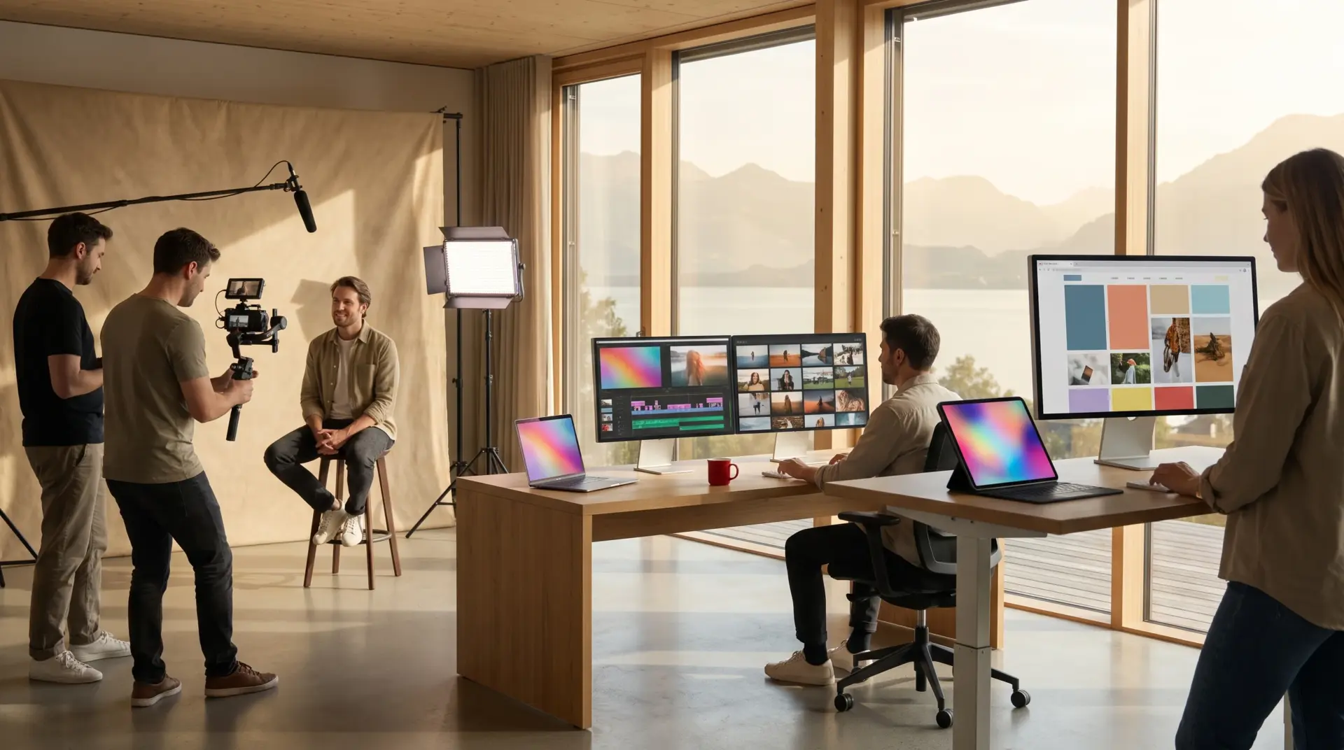 Digitalagentur der MULTIMEDIAFABRIK: Kreativstudio mit Interview-Dreh, Schnittplatz, Webdesign am Bildschirm und Blick auf den Bodensee