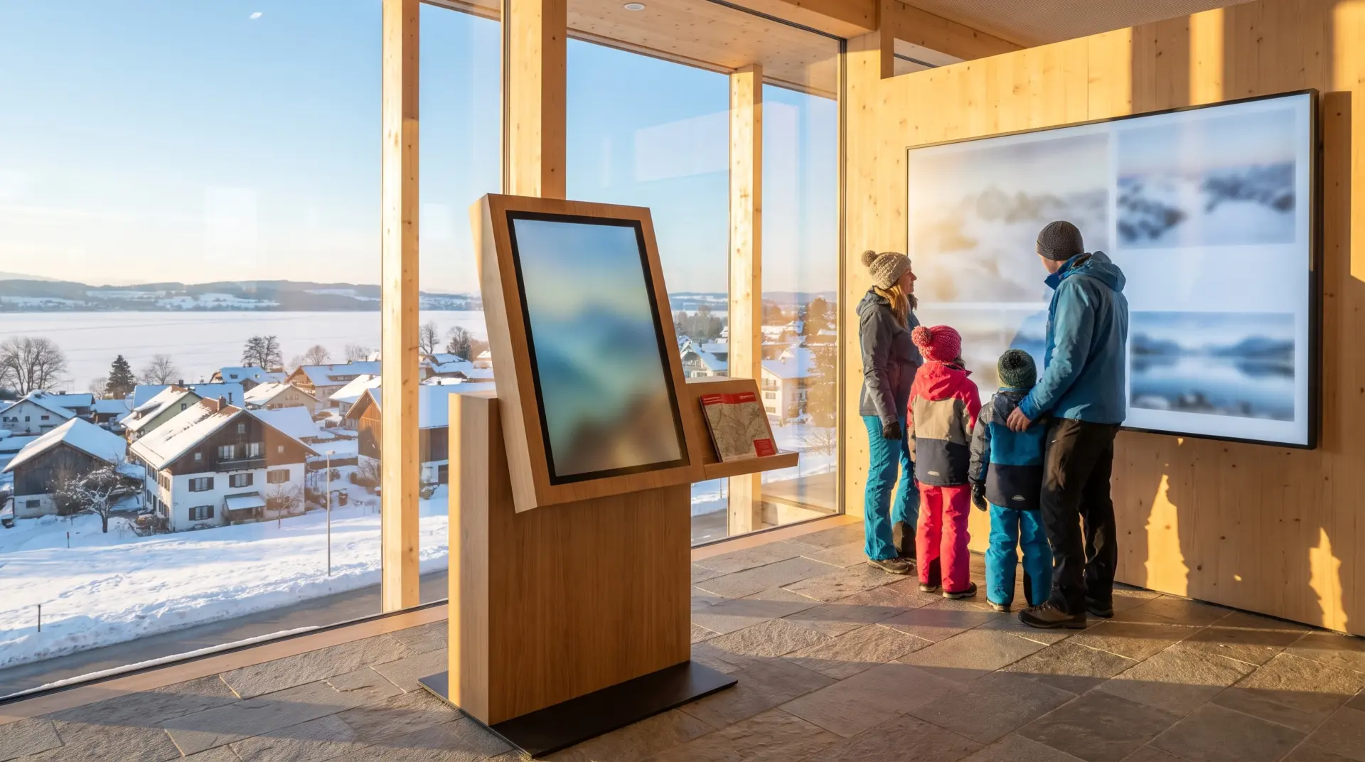 Familie informiert sich am Touch-Kiosk der Digitalen Gästeinformation in einem Alpen-Besucherzentrum mit Bergblick