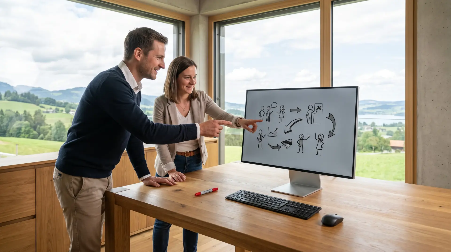 Zwei Kollegen besprechen ein Piktogramm-Storyboard für ein Erklärvideo an einem Monitor im hellen Büro