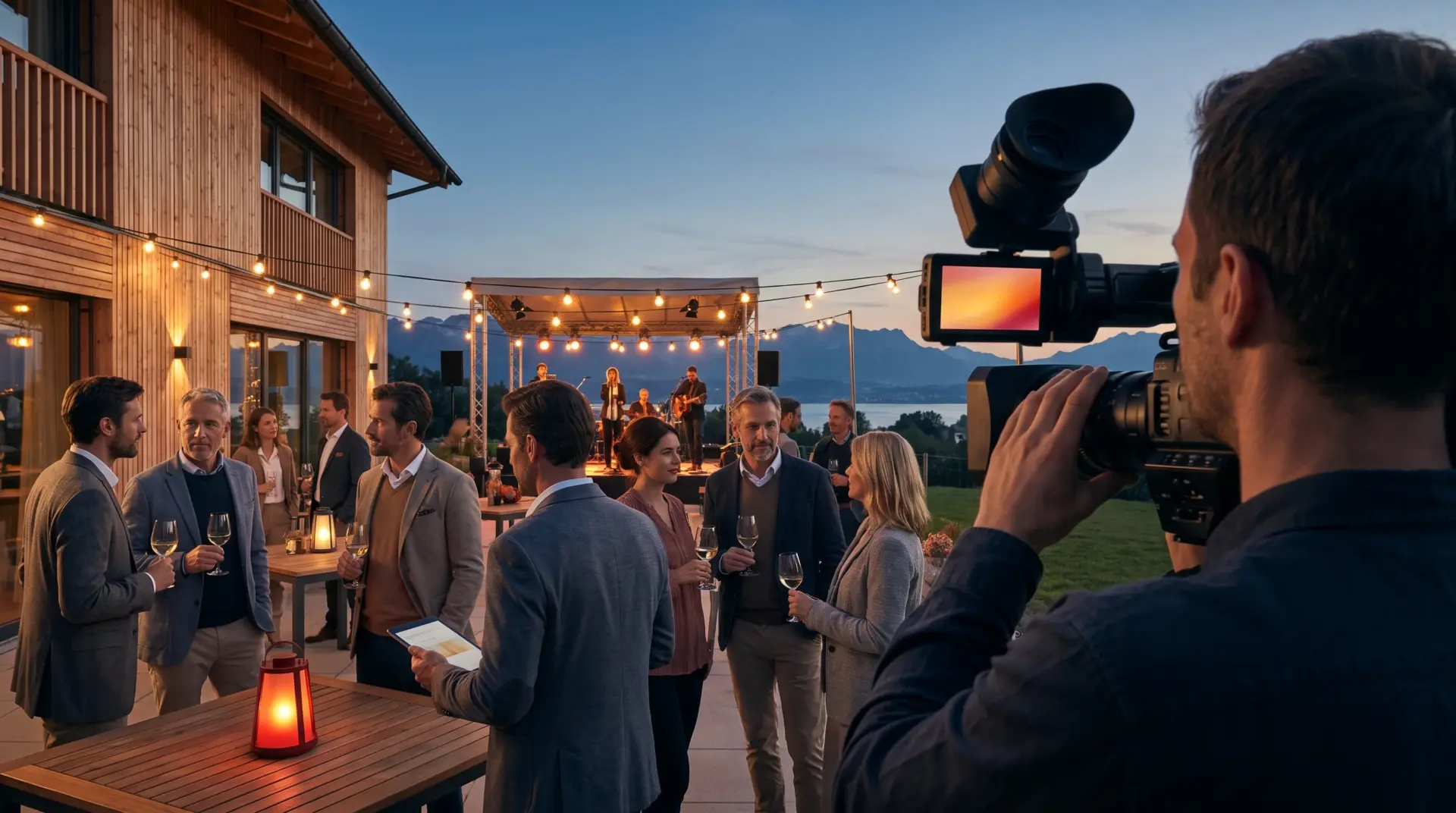 Kameramann filmt bei Dämmerung ein Firmenevent auf der Terrasse eines Alpenchalets am Bodensee, im Vordergrund Gäste mit Weingläsern, im Hintergrund eine beleuchtete Bühne mit Live-Band