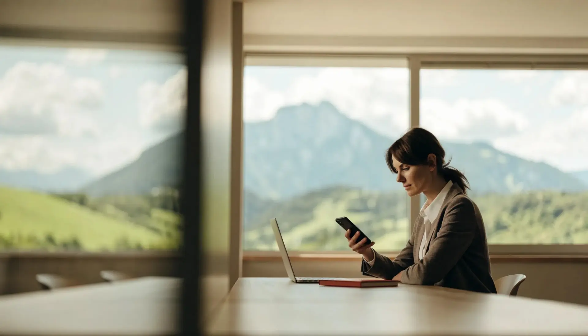 Funnel KI APP: Frau am Schreibtisch mit Smartphone in einem hellen Büro mit Alpenblick (MULTIMEDIAFABRIK, Koblach, Vorarlberg)